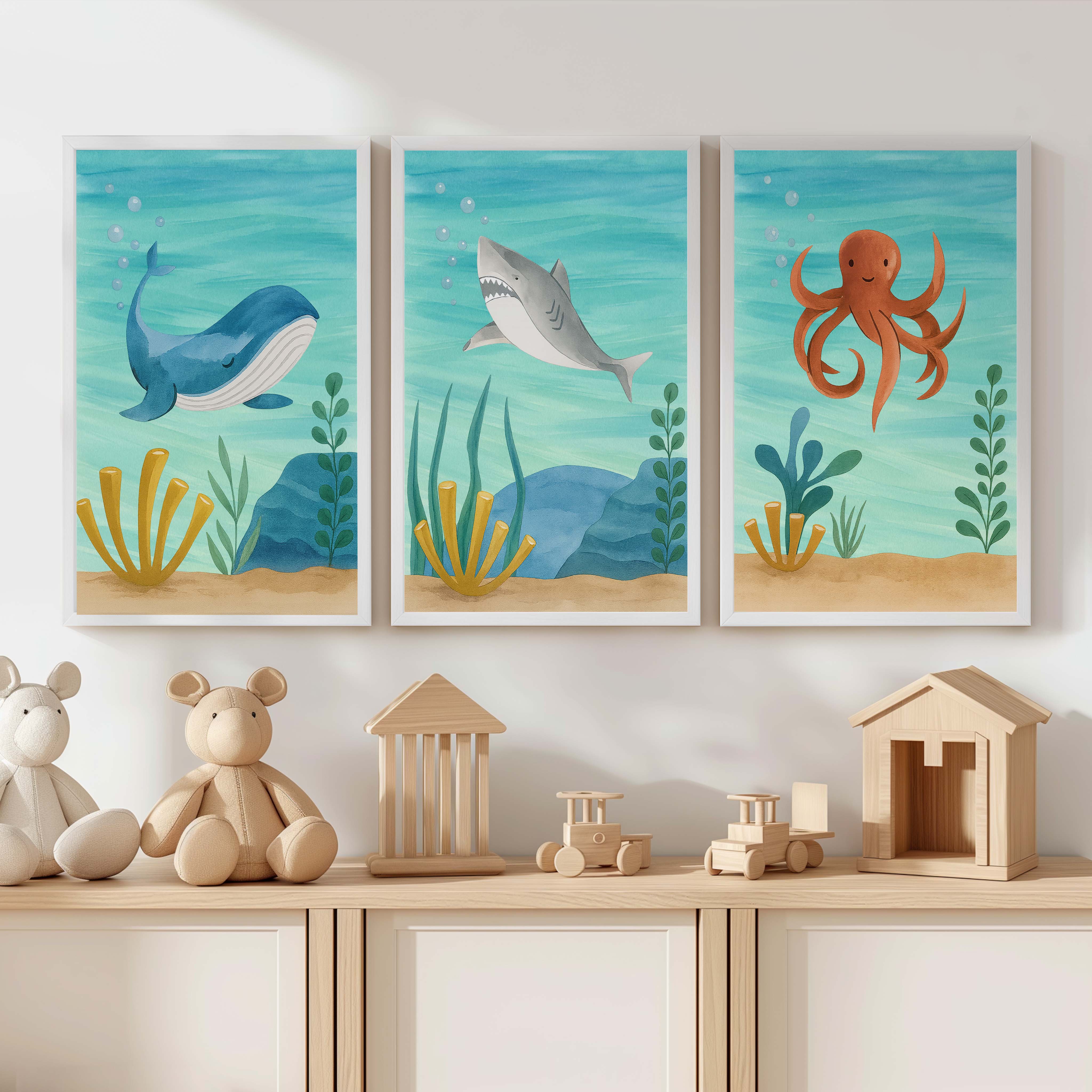Ocean Nursery Wall Art – Whale, Shark & Octopus (Set of 3) - White Framed Poster No Border - Artworksets