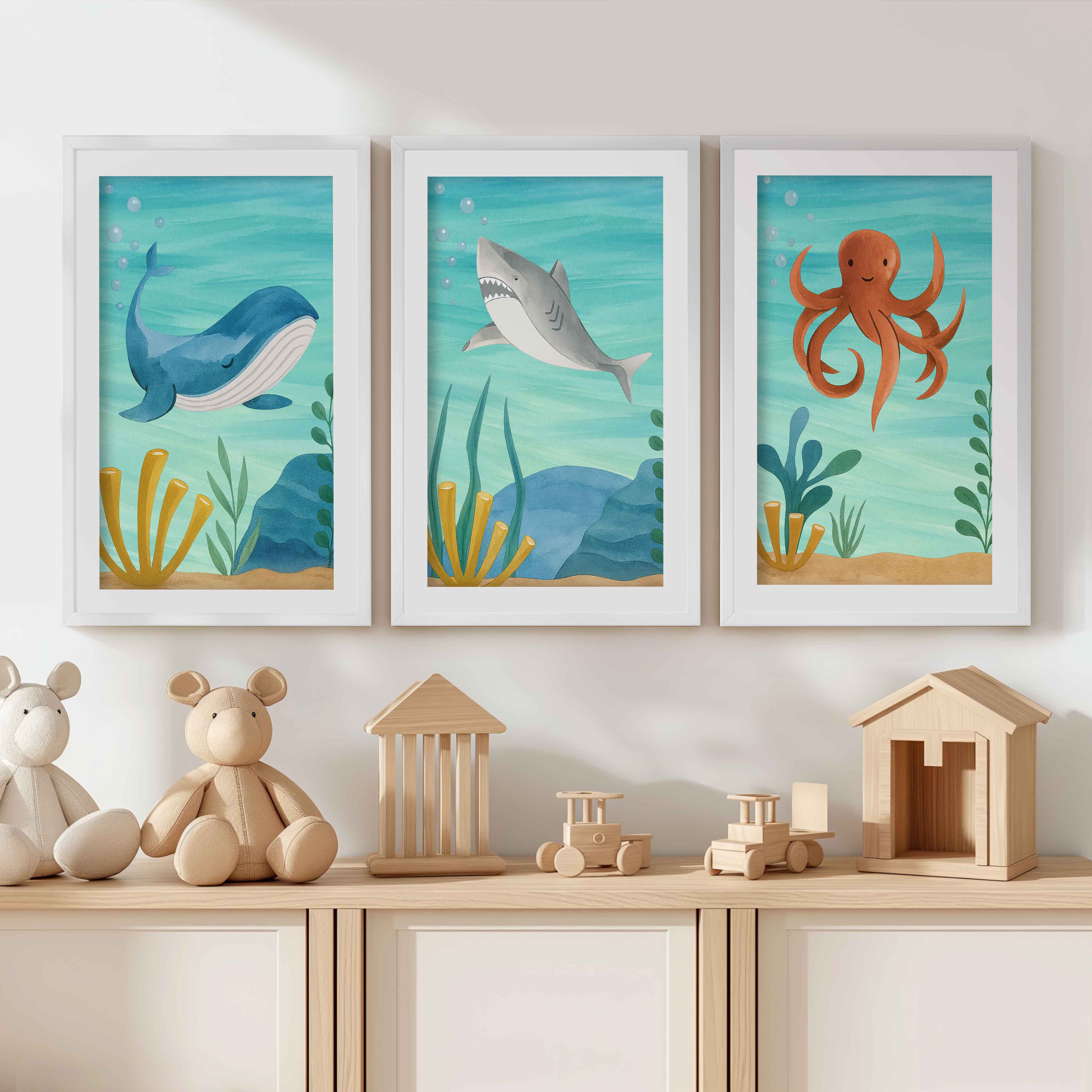 Ocean Nursery Wall Art – Whale, Shark & Octopus (Set of 3) - White Framed Poster with White Border - Artworksets