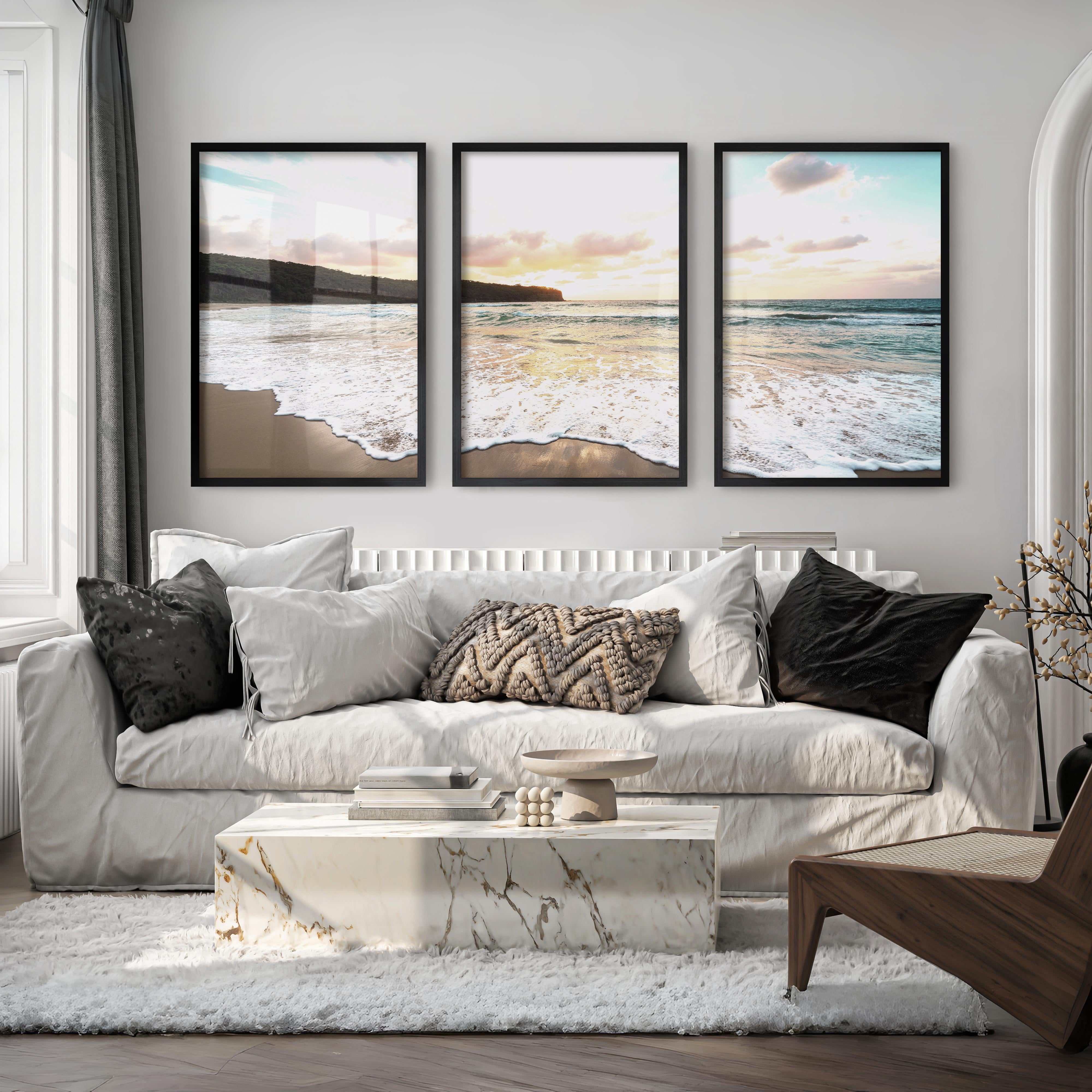 Sunset surf ocean pictures wall art over wet sand - Black Framed Poster No Border - Artworksets