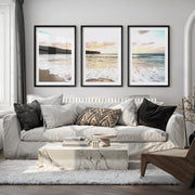Sunset surf ocean pictures wall art over wet sand - Black Framed Poster with White Border - Artworksets