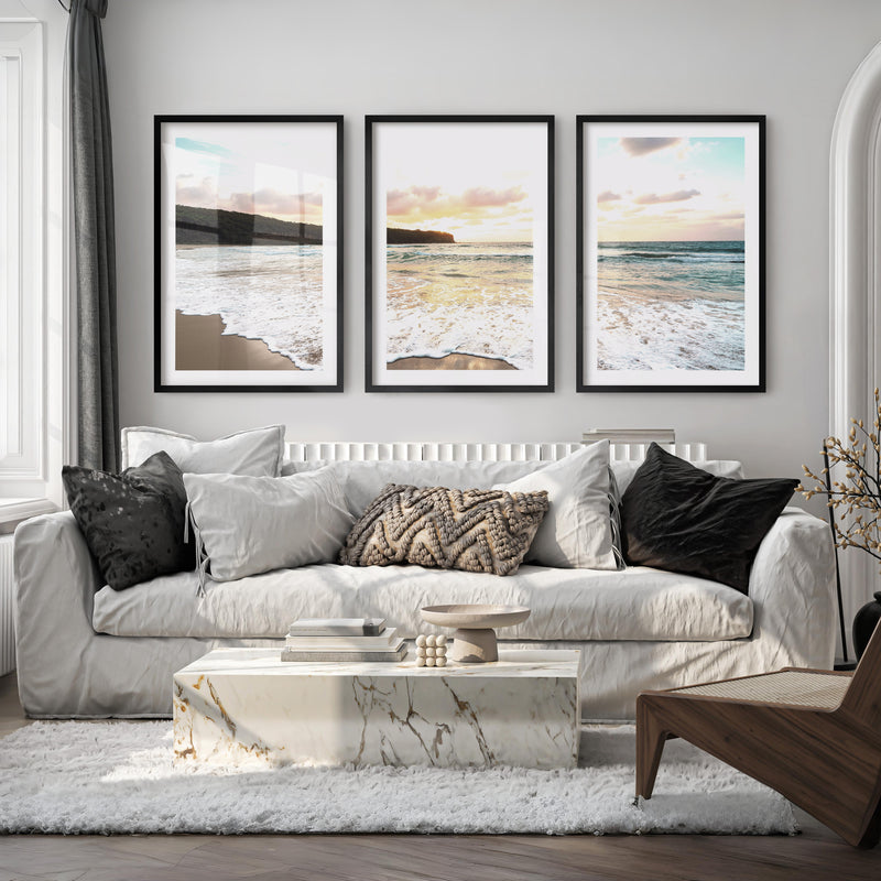 Sunset surf ocean pictures wall art over wet sand - Black Framed Poster with White Border - Artworksets