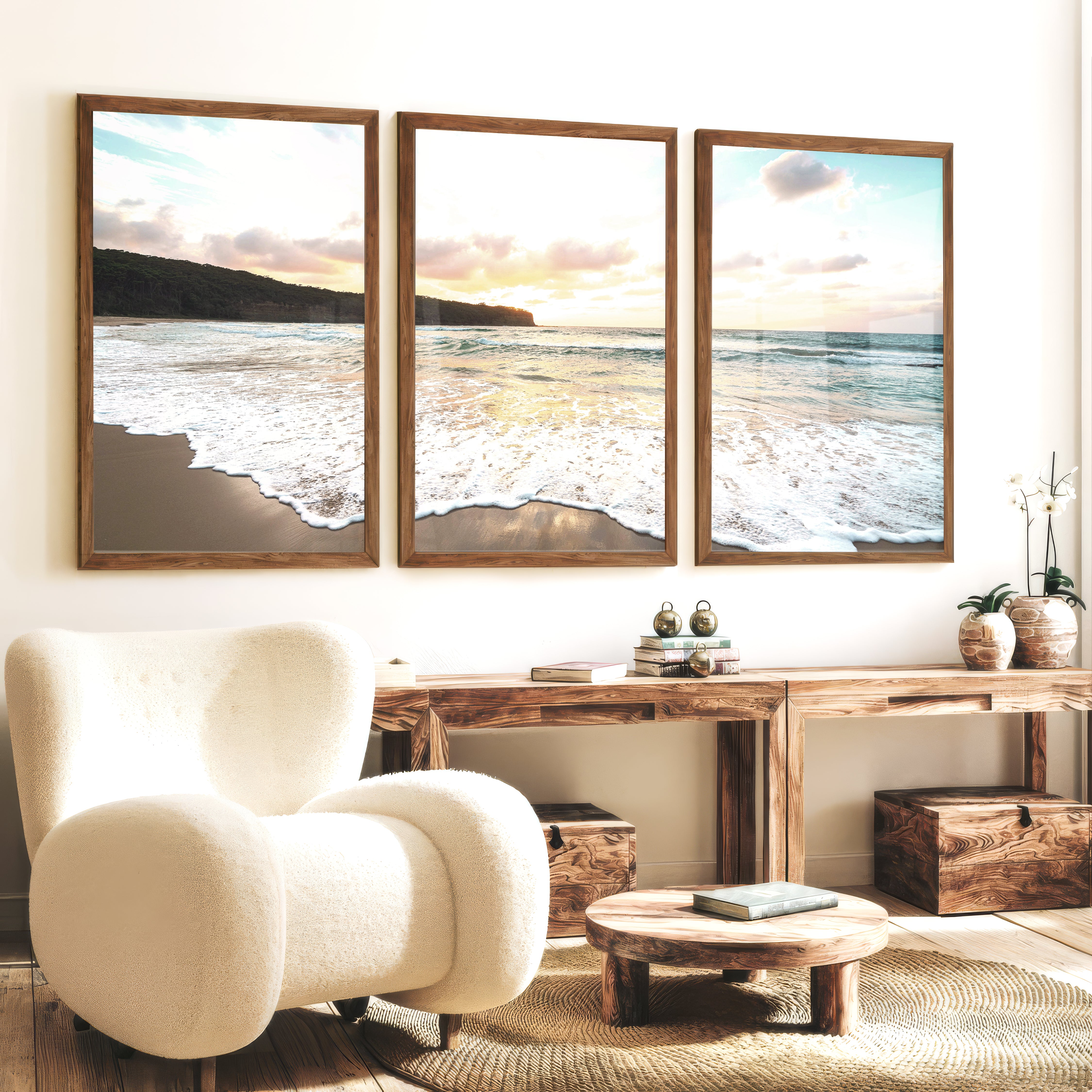 Sunset surf ocean pictures wall art over wet sand - Dark Brown Framed Poster No Border - Artworksets