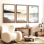 Sunset surf ocean pictures wall art over wet sand - Dark Brown Framed Poster No Border - Artworksets