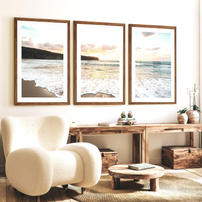 Sunset surf ocean pictures wall art over wet sand - Dark Brown Framed Poster with White Border - Artworksets