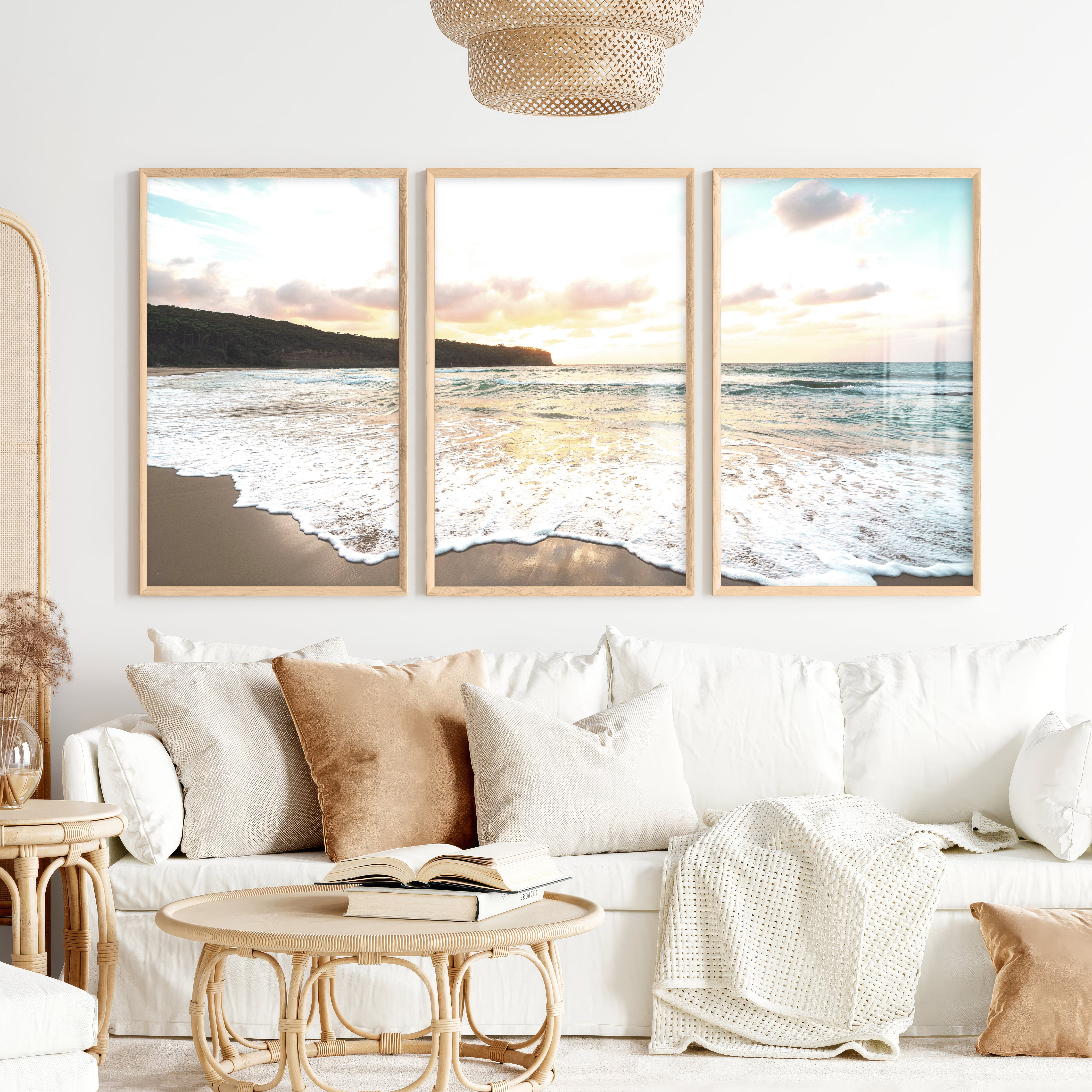 Sunset surf ocean pictures wall art over wet sand - Natural Wood Framed Poster No Border - Artworksets