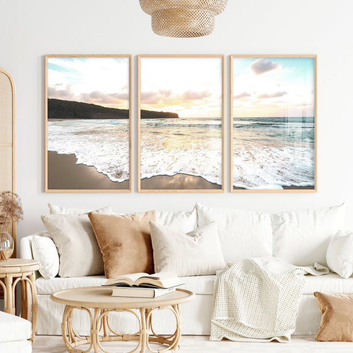 Sunset surf ocean pictures wall art over wet sand - Natural Wood Framed Poster No Border - Artworksets