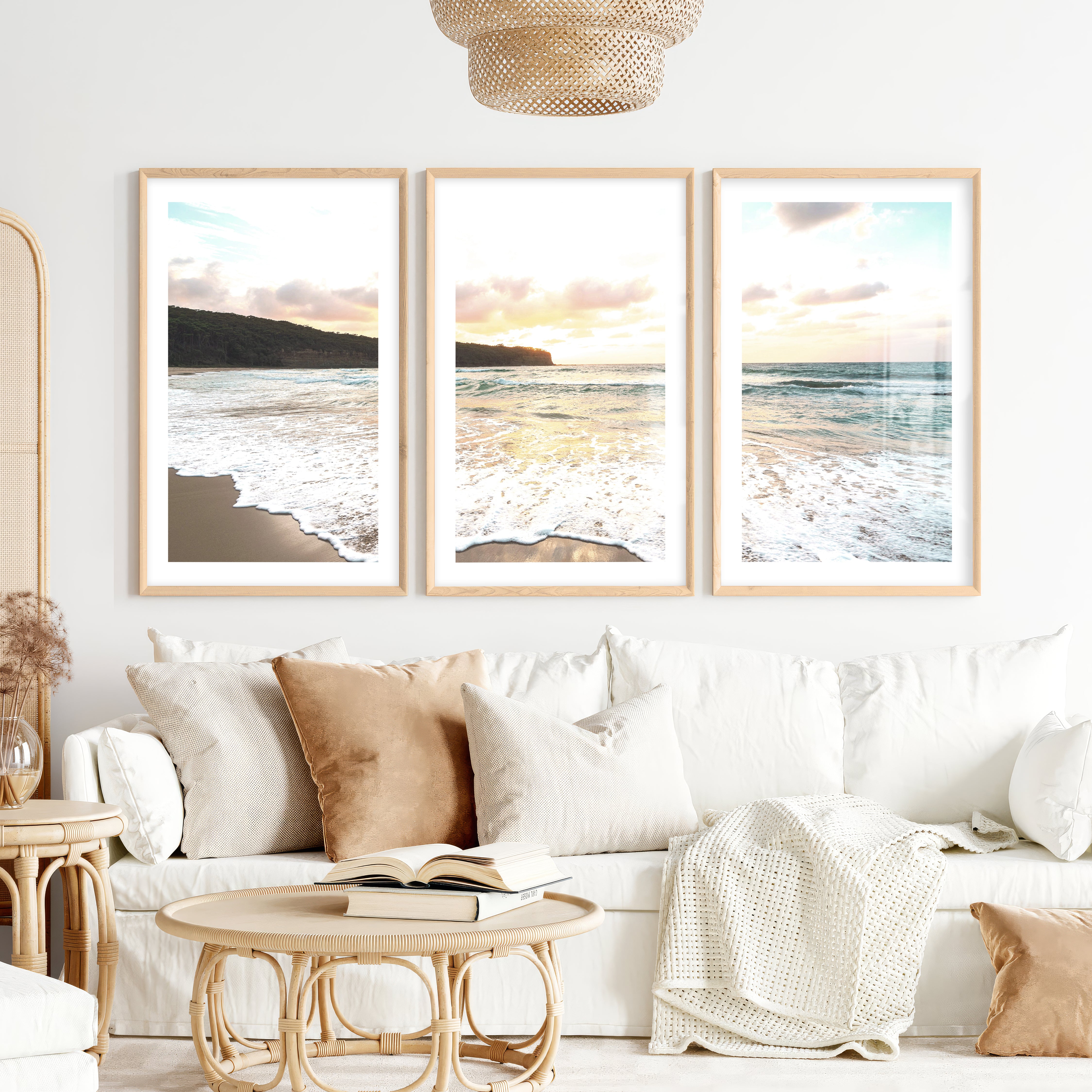 Sunset surf ocean pictures wall art over wet sand- Natural Wood Framed Poster with White Border - Artworksets