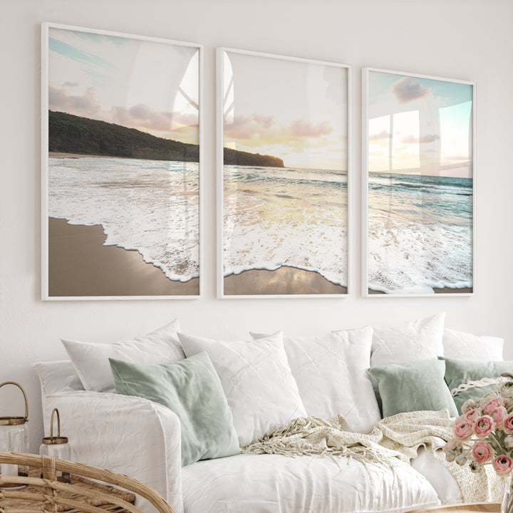 Sunset surf ocean pictures wall art over wet sand - White Framed Poster No Border - Artworksets
