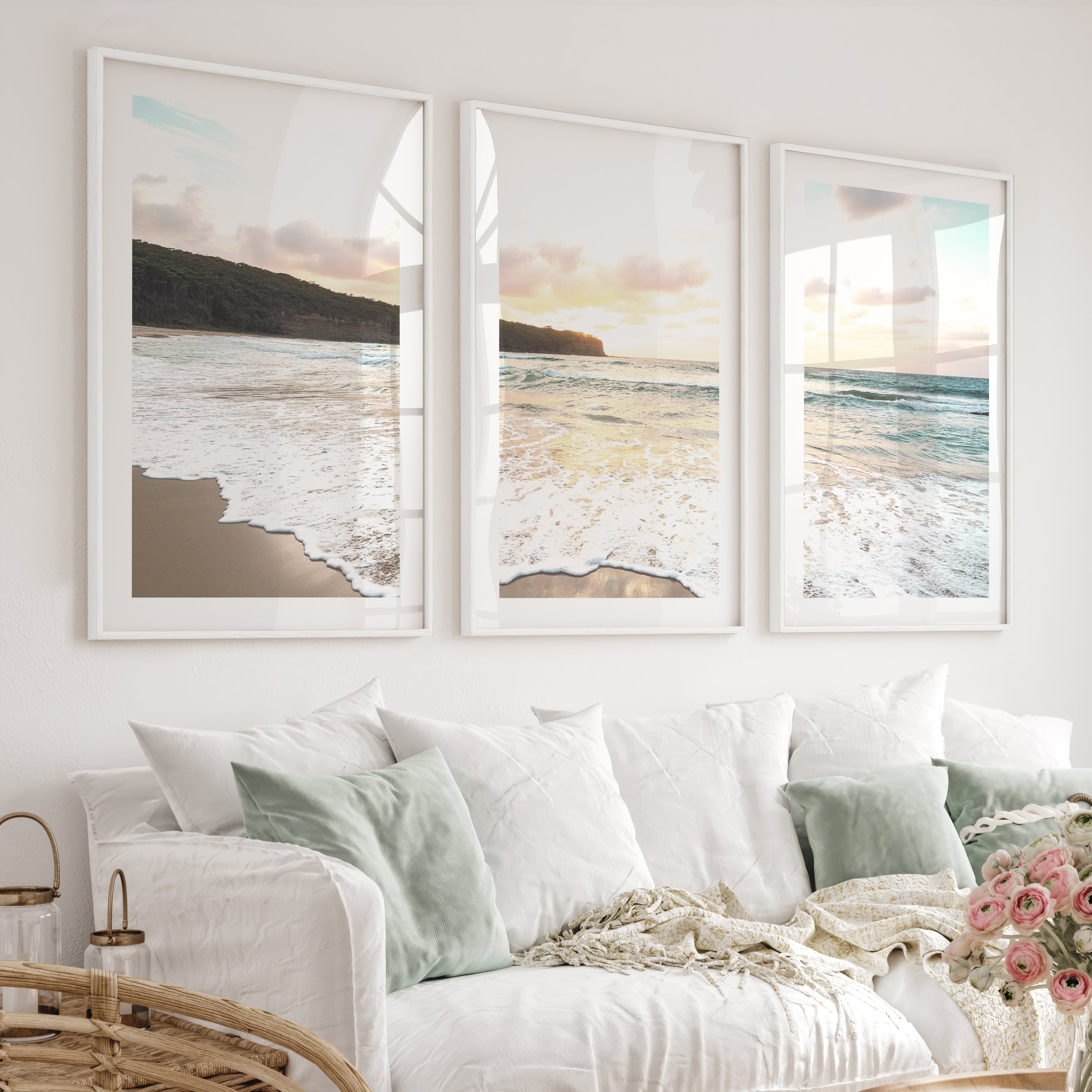 Sunset surf ocean pictures wall art over wet sand - White Framed Poster with White Border - Artworksets