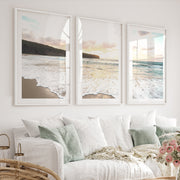 Sunset surf ocean pictures wall art over wet sand - White Framed Poster with White Border - Artworksets