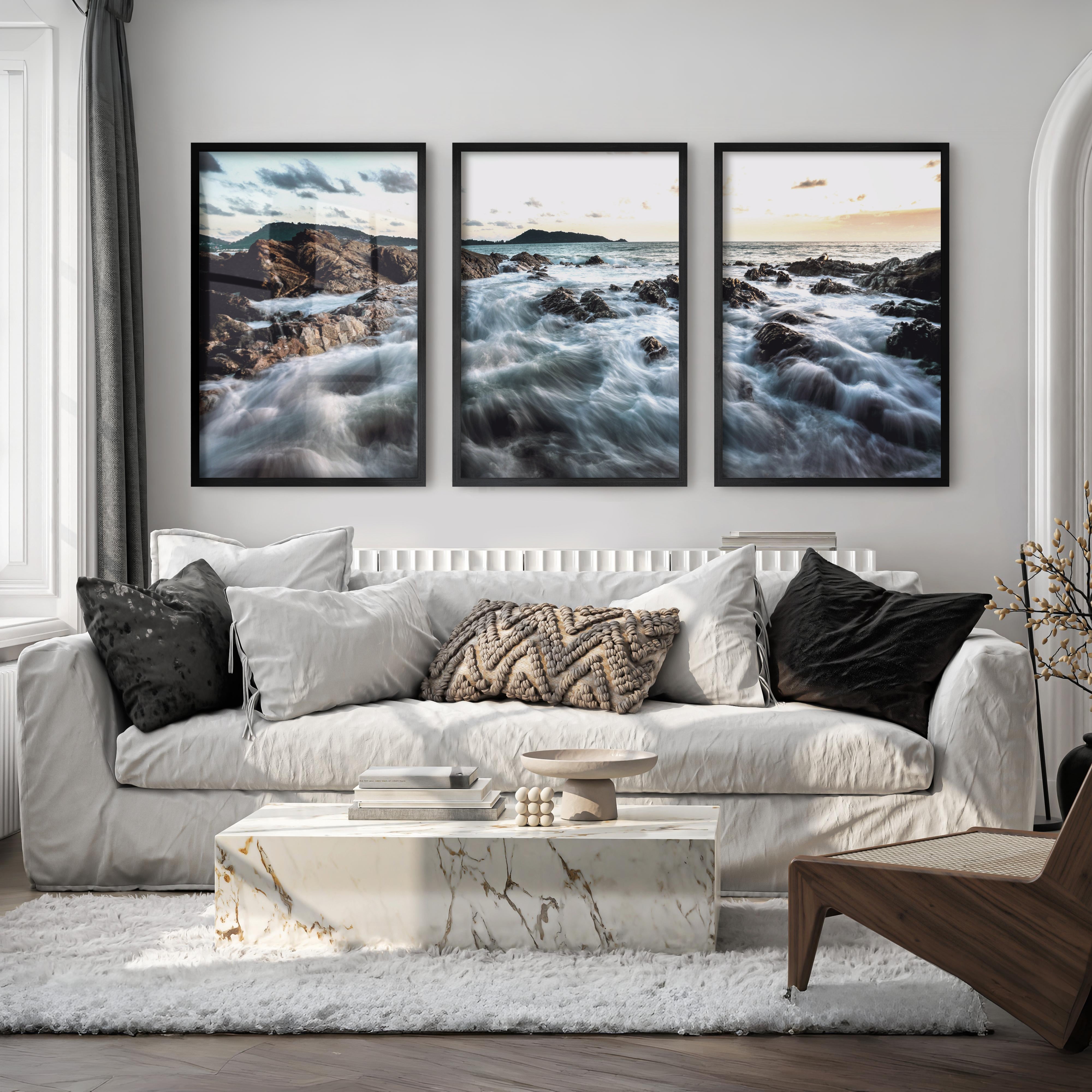 Rocky Shore ocean poster art at Sunset - Black Framed Poster No Border - Artworksets