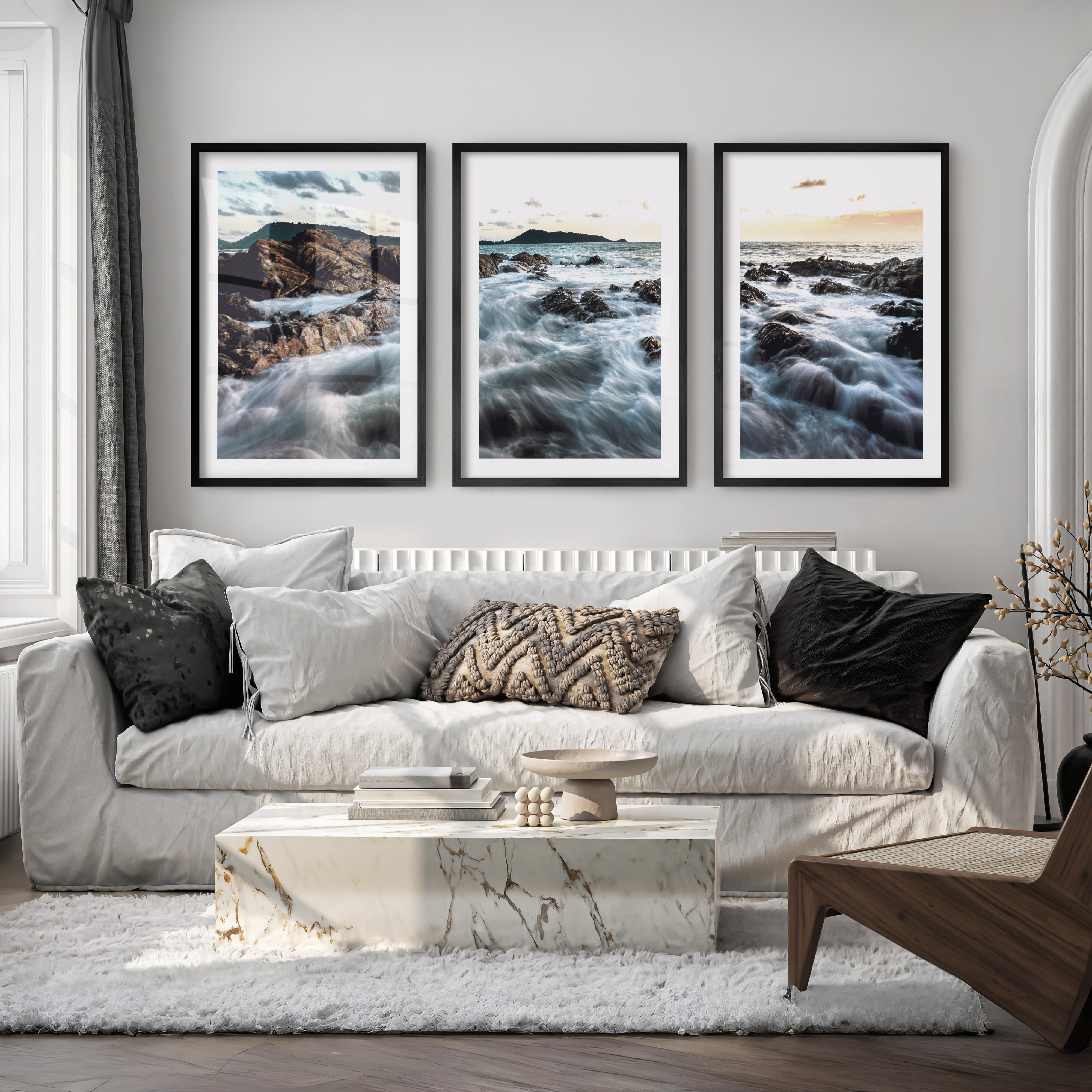 Rocky Shore ocean poster art at Sunset - Black Framed Poster with White Border - Artworksets