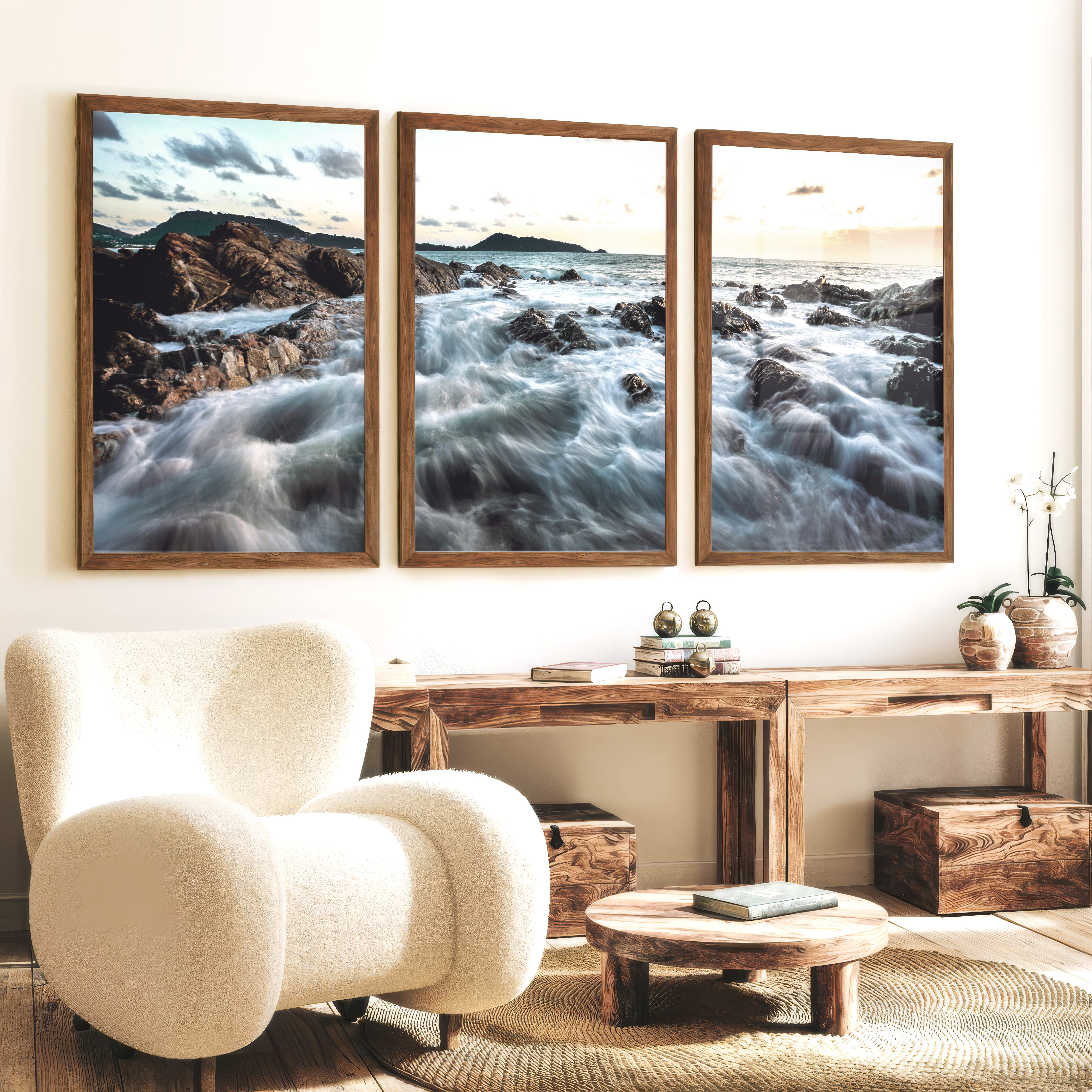 Rocky Shore ocean poster art at Sunset - Dark Brown Framed Poster No Border - Artworksets