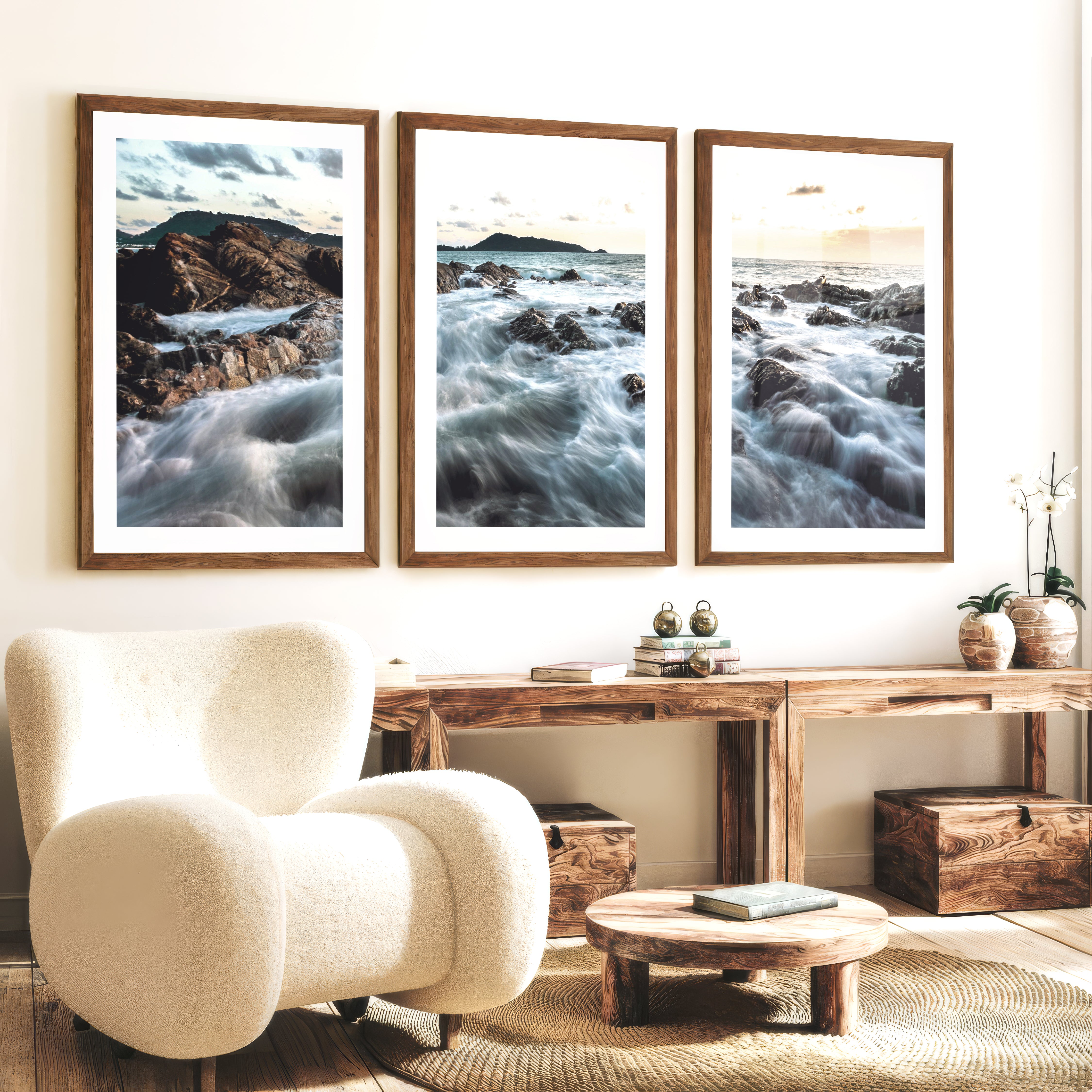 Rocky Shore ocean poster art at Sunset - Dark Brown Framed Poster with White Border - Artworksets