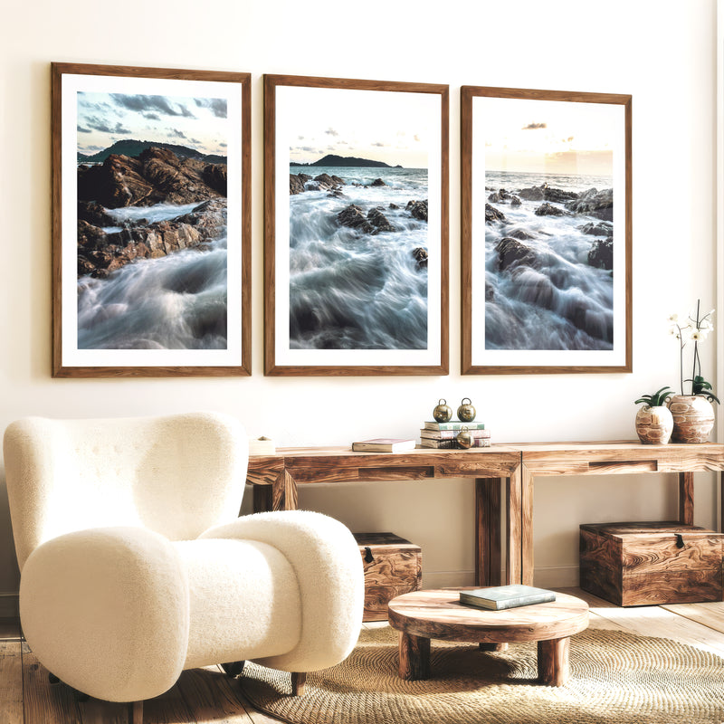 Rocky Shore ocean poster art at Sunset - Dark Brown Framed Poster with White Border - Artworksets