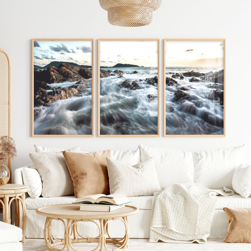 Rocky Shore ocean poster art at Sunset - Natural Wood Framed Poster No Border - Artworksets