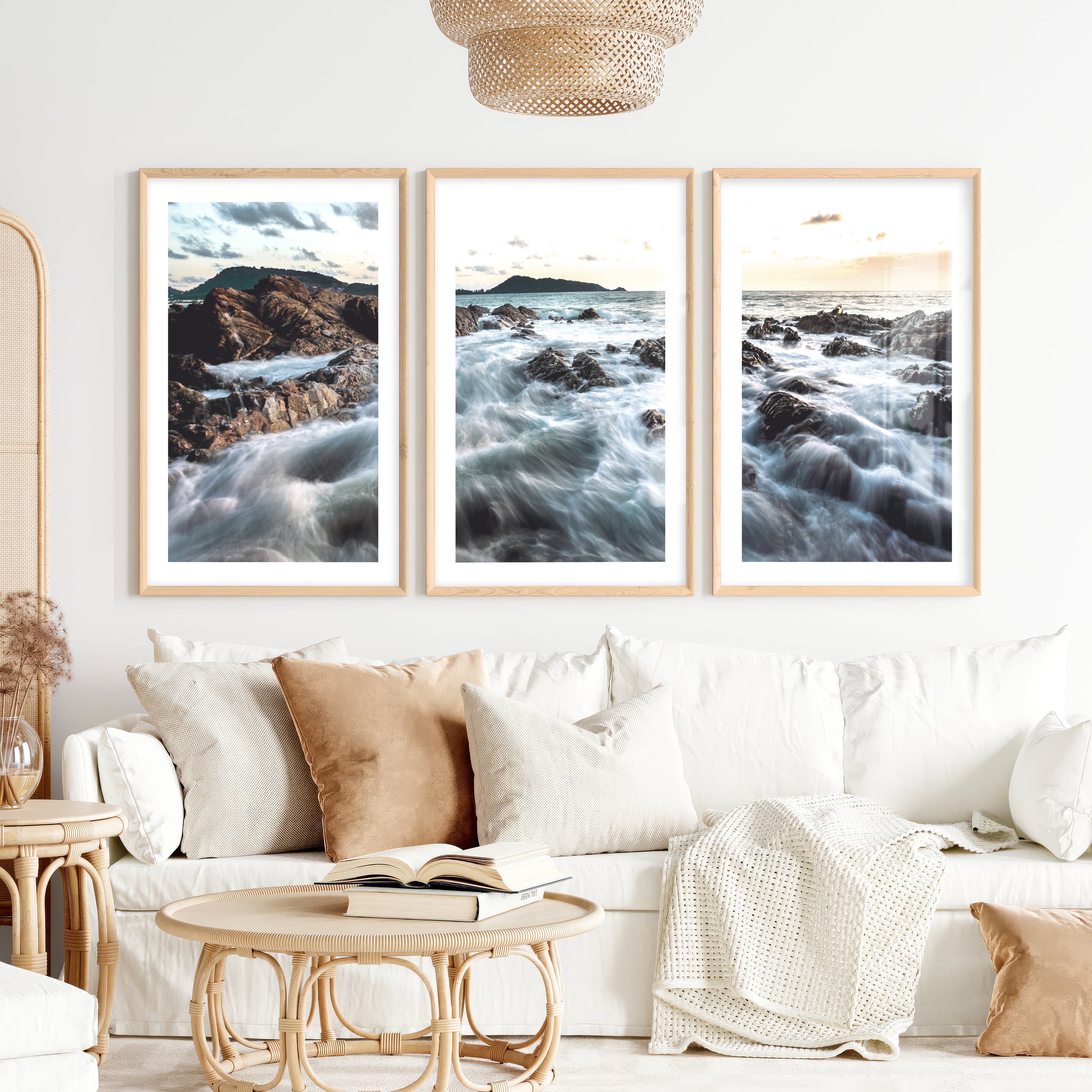 Rocky Shore ocean poster art at Sunset- Natural Wood Framed Poster with White Border - Artworksets