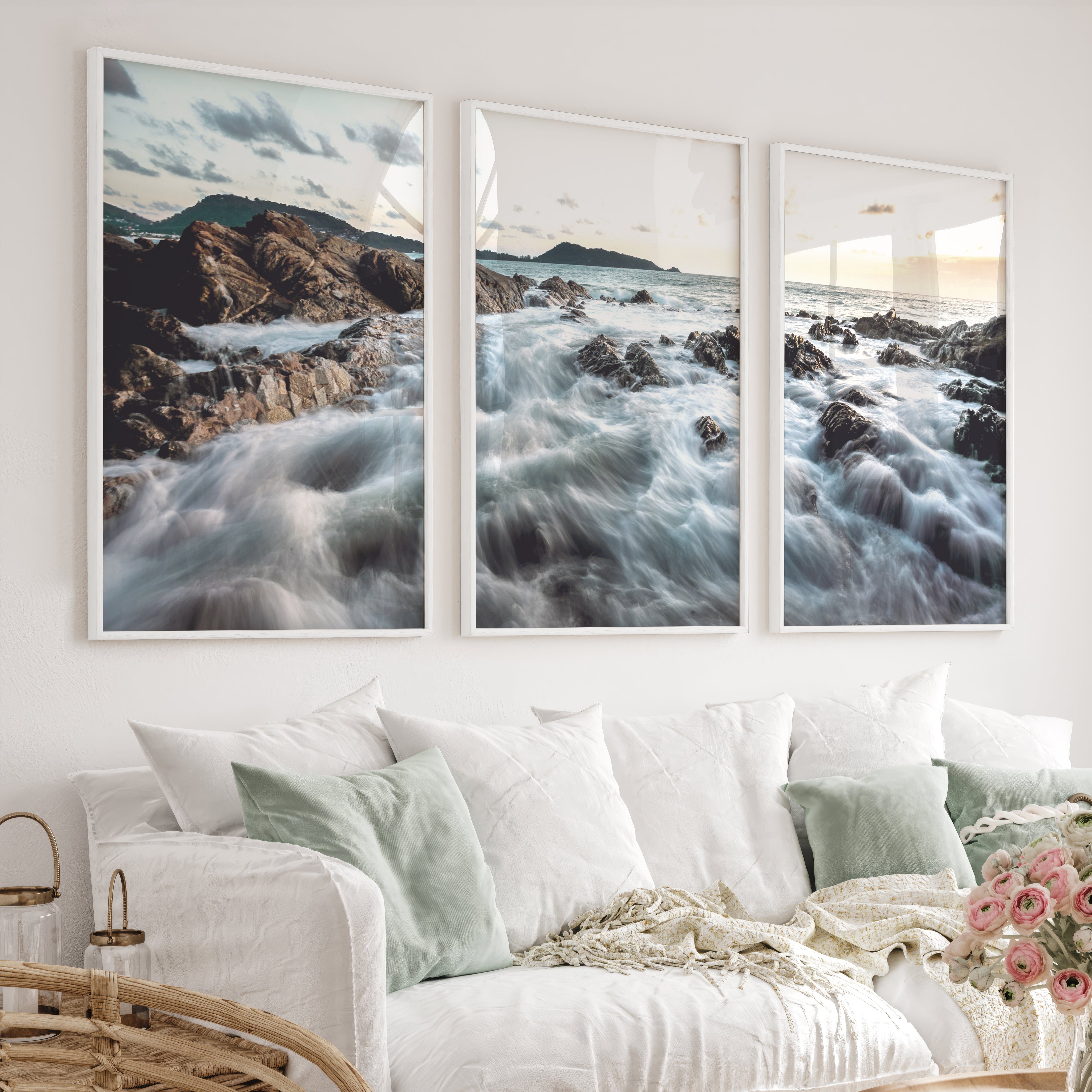 Rocky Shore ocean poster art at Sunset - White Framed Poster No Border - Artworksets