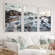 Rocky Shore ocean poster art at Sunset - White Framed Poster No Border - Artworksets