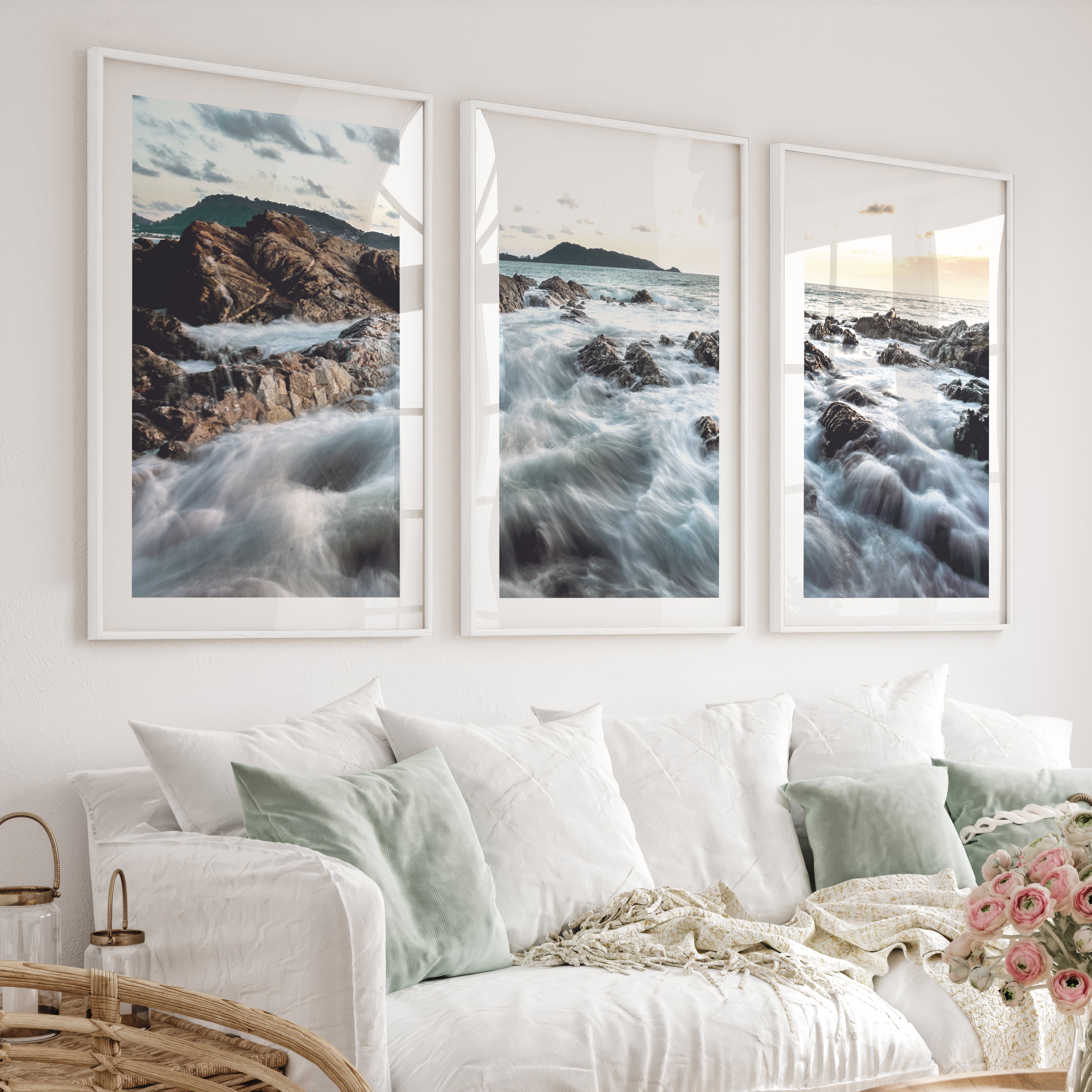 Rocky Shore ocean poster art at Sunset - White Framed Poster with White Border - Artworksets