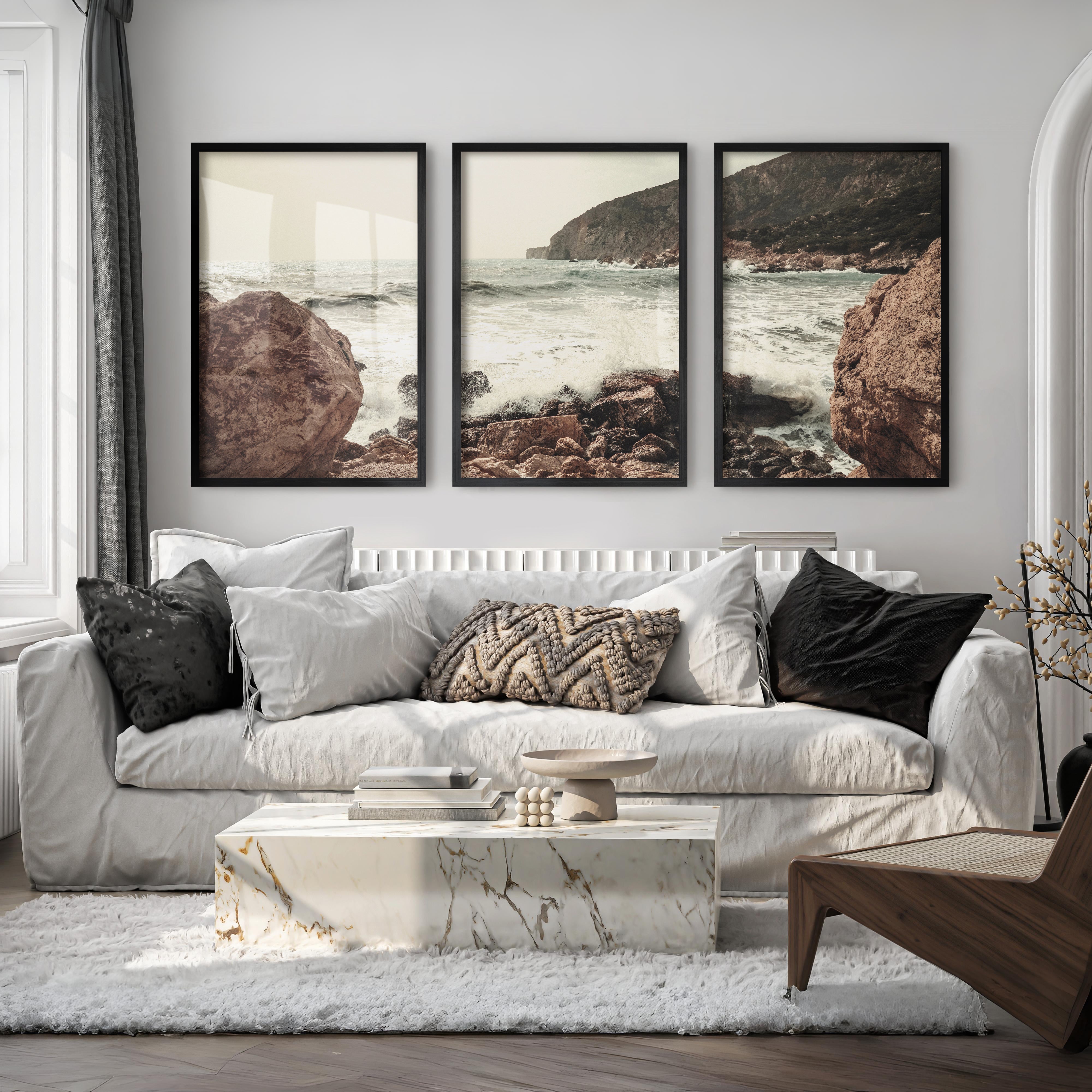 Rocky Coast ocean posters prints with Crashing Surf - Black Framed Poster No Border - Artworksets