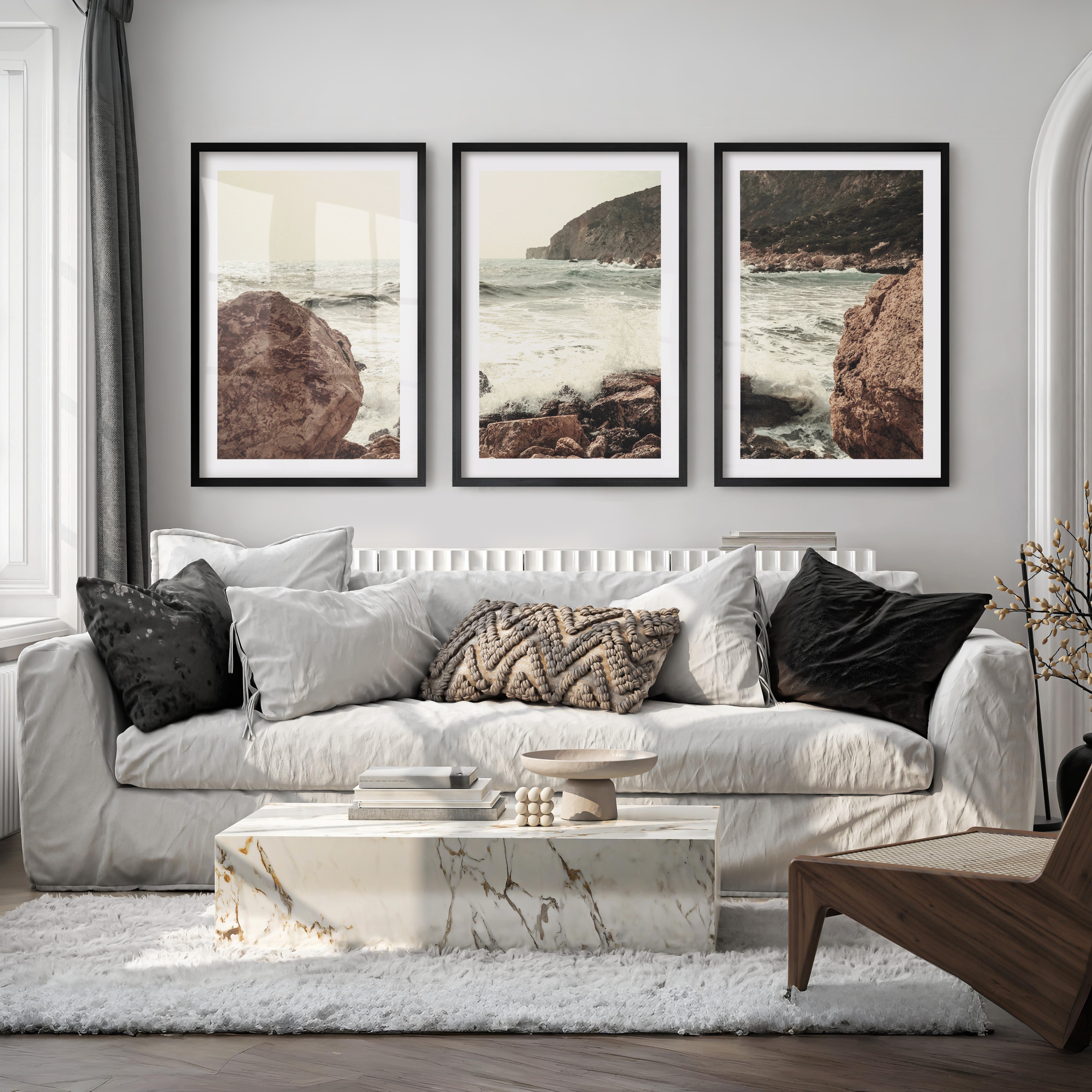 Rocky Coast ocean posters prints with Crashing Surf - Black Framed Poster with White Border - Artworksets