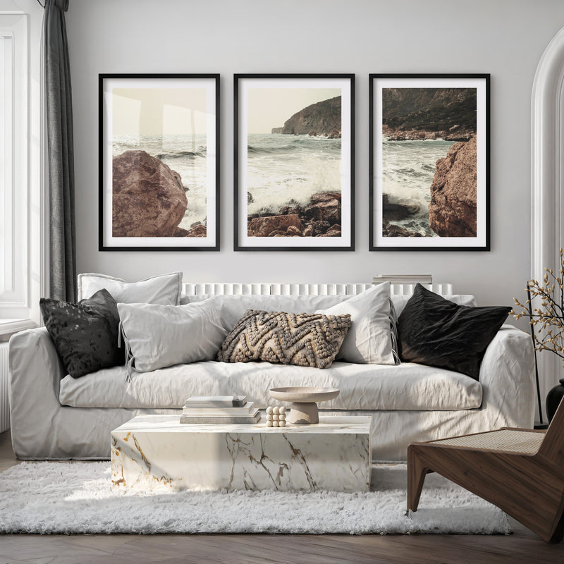 Rocky Coast ocean posters prints with Crashing Surf - Black Framed Poster with White Border - Artworksets