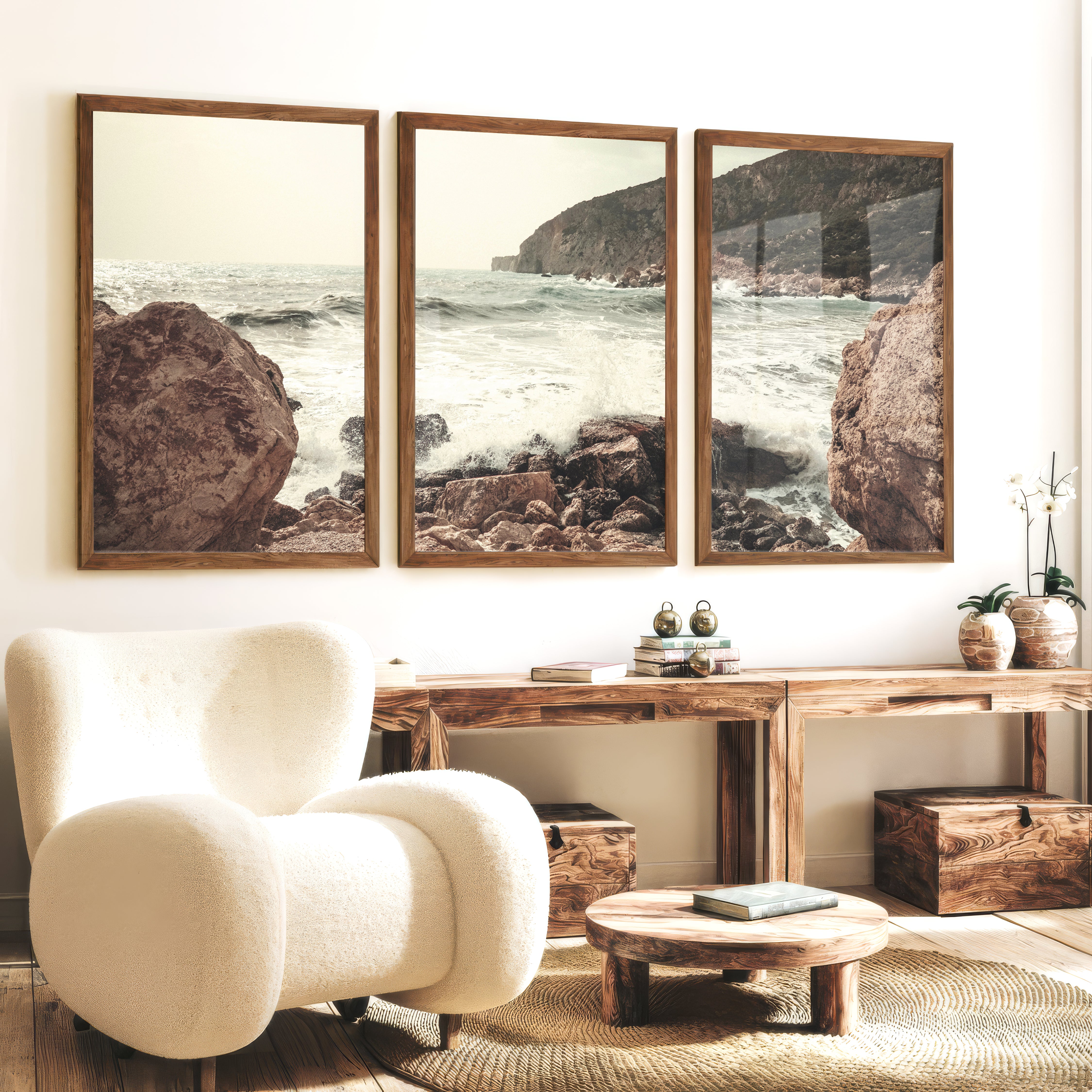 Rocky Coast ocean posters prints with Crashing Surf - Dark Brown Framed Poster No Border - Artworksets