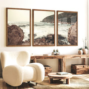 Rocky Coast ocean posters prints with Crashing Surf - Dark Brown Framed Poster No Border - Artworksets