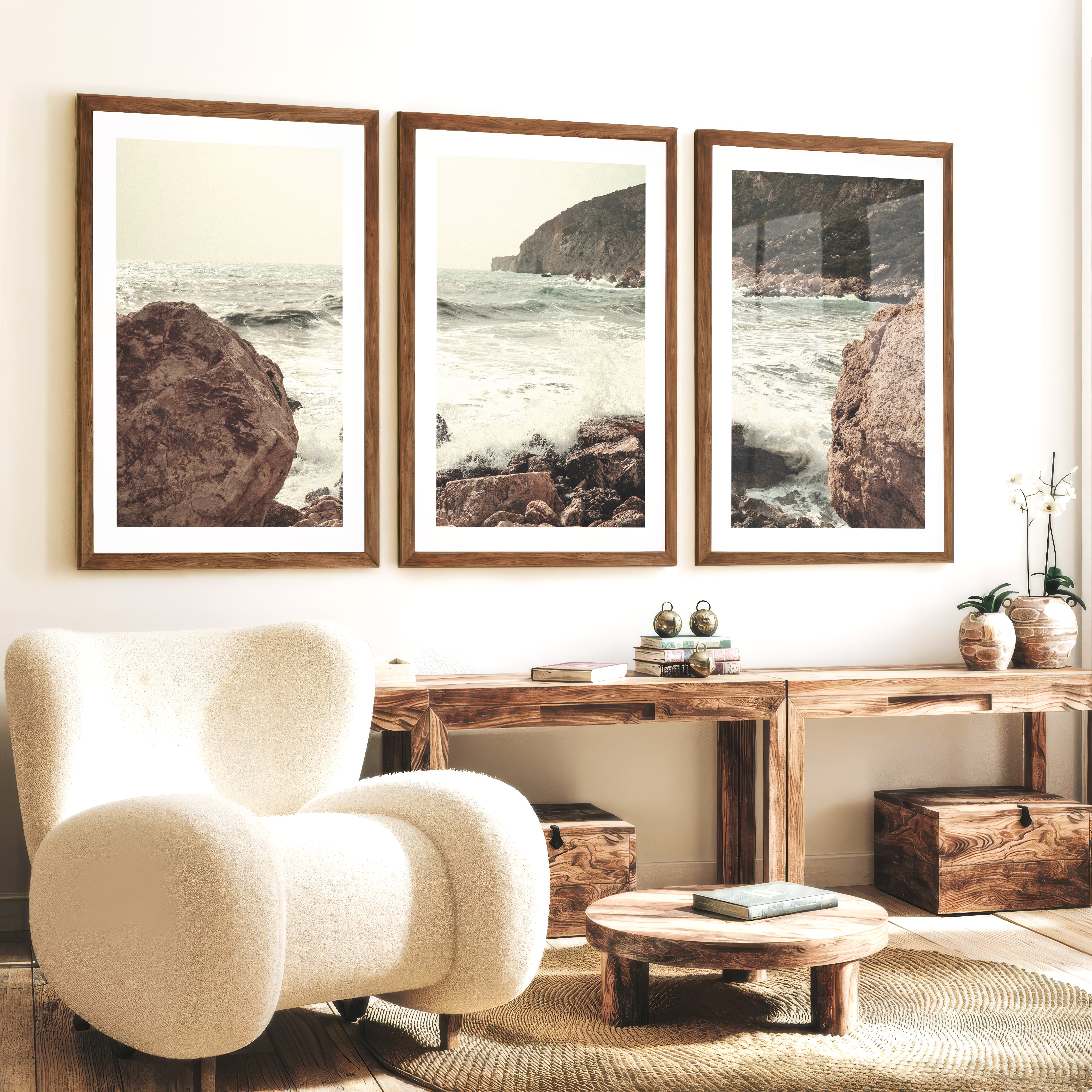 Rocky Coast ocean posters prints with Crashing Surf - Dark Brown Framed Poster with White Border - Artworksets