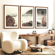 Rocky Coast ocean posters prints with Crashing Surf - Dark Brown Framed Poster with White Border - Artworksets