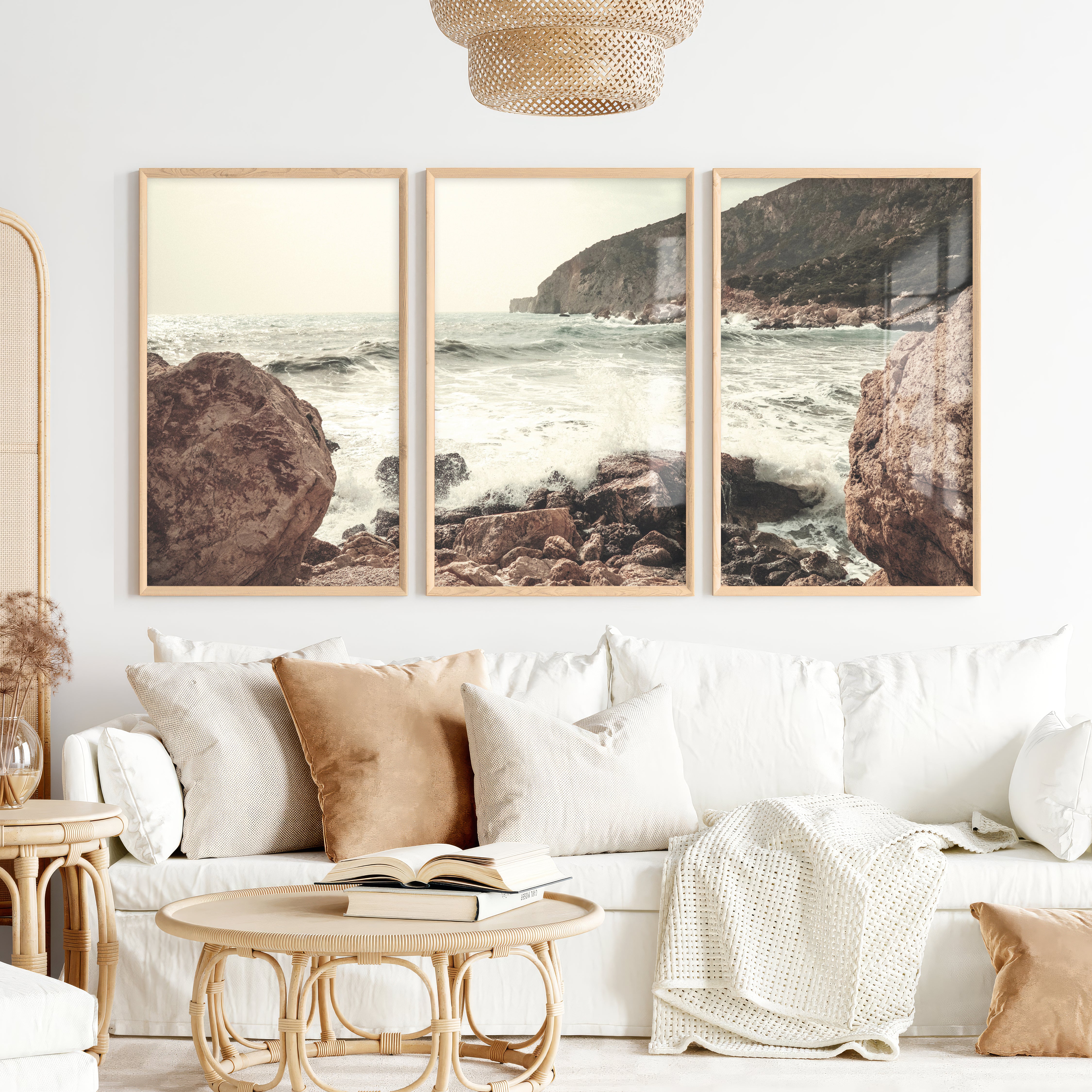 Rocky Coast ocean posters prints with Crashing Surf - Natural Wood Framed Poster No Border - Artworksets