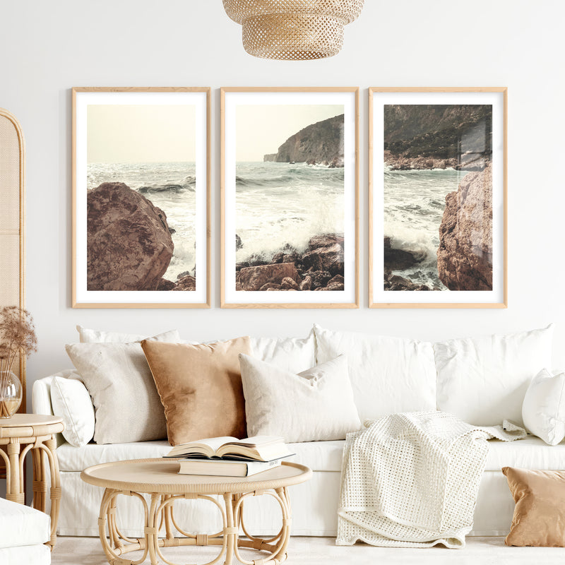 Rocky Coast ocean posters prints with Crashing Surf- Natural Wood Framed Poster with White Border - Artworksets
