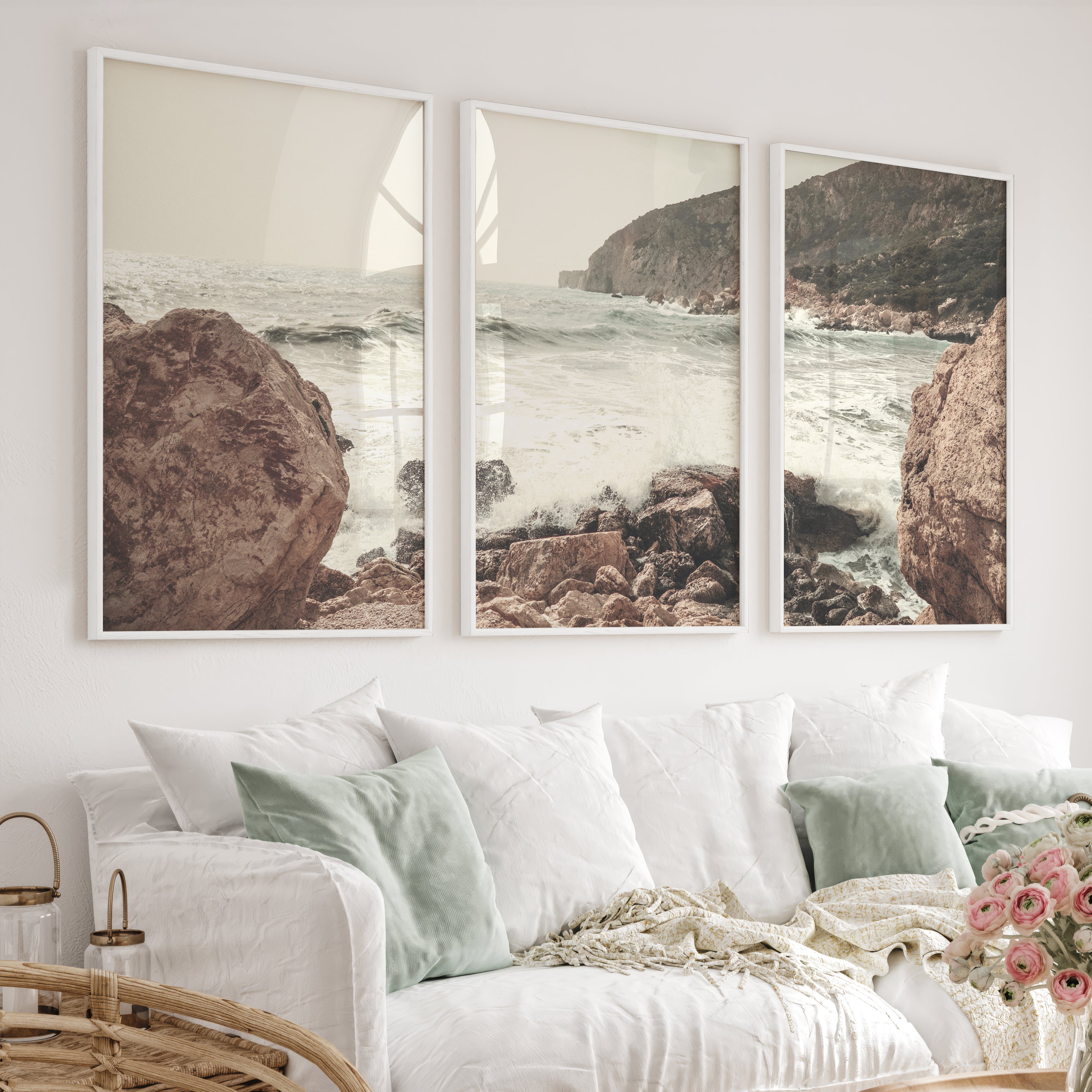Rocky Coast ocean posters prints with Crashing Surf - White Framed Poster No Border - Artworksets