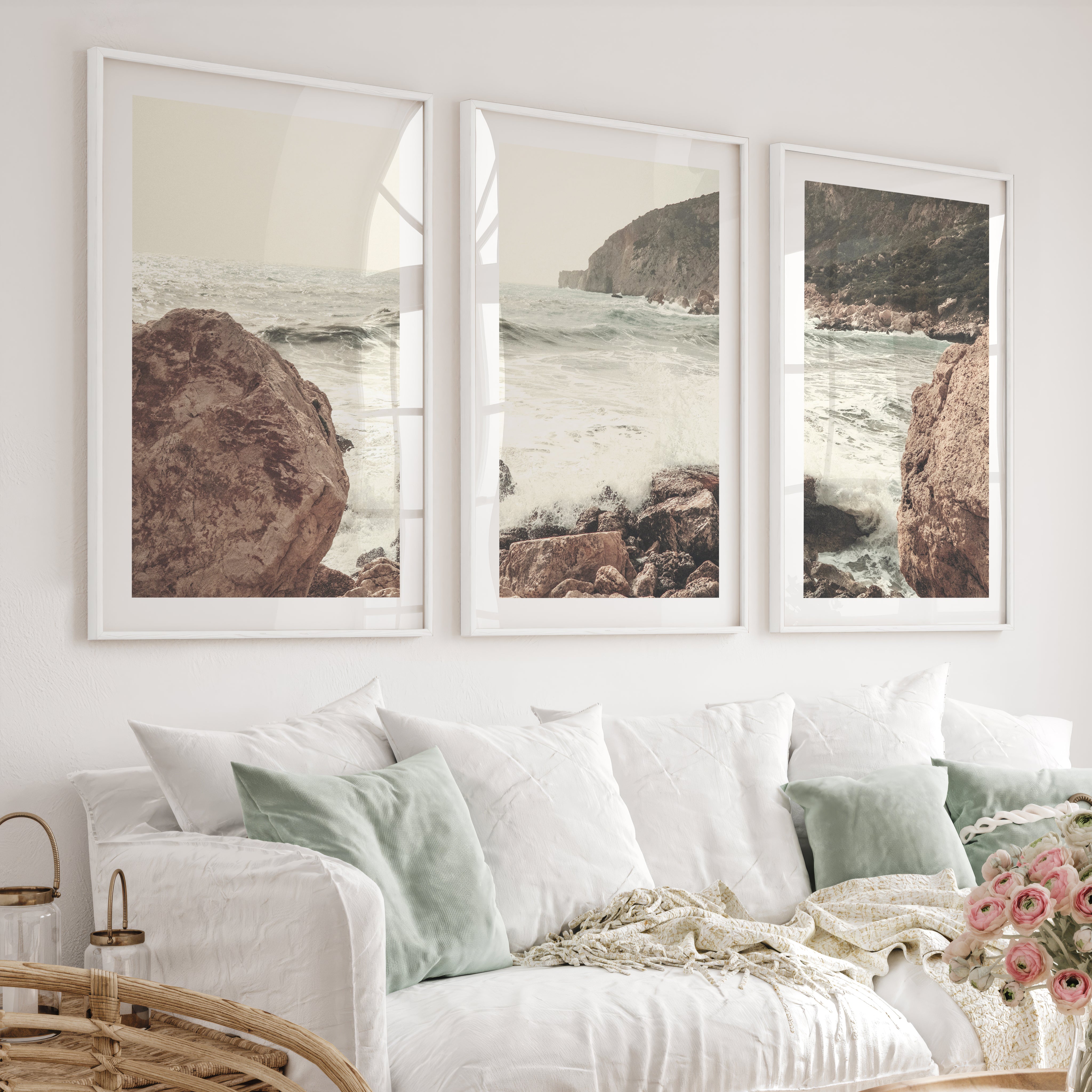 Rocky Coast ocean posters prints with Crashing Surf - White Framed Poster with White Border - Artworksets