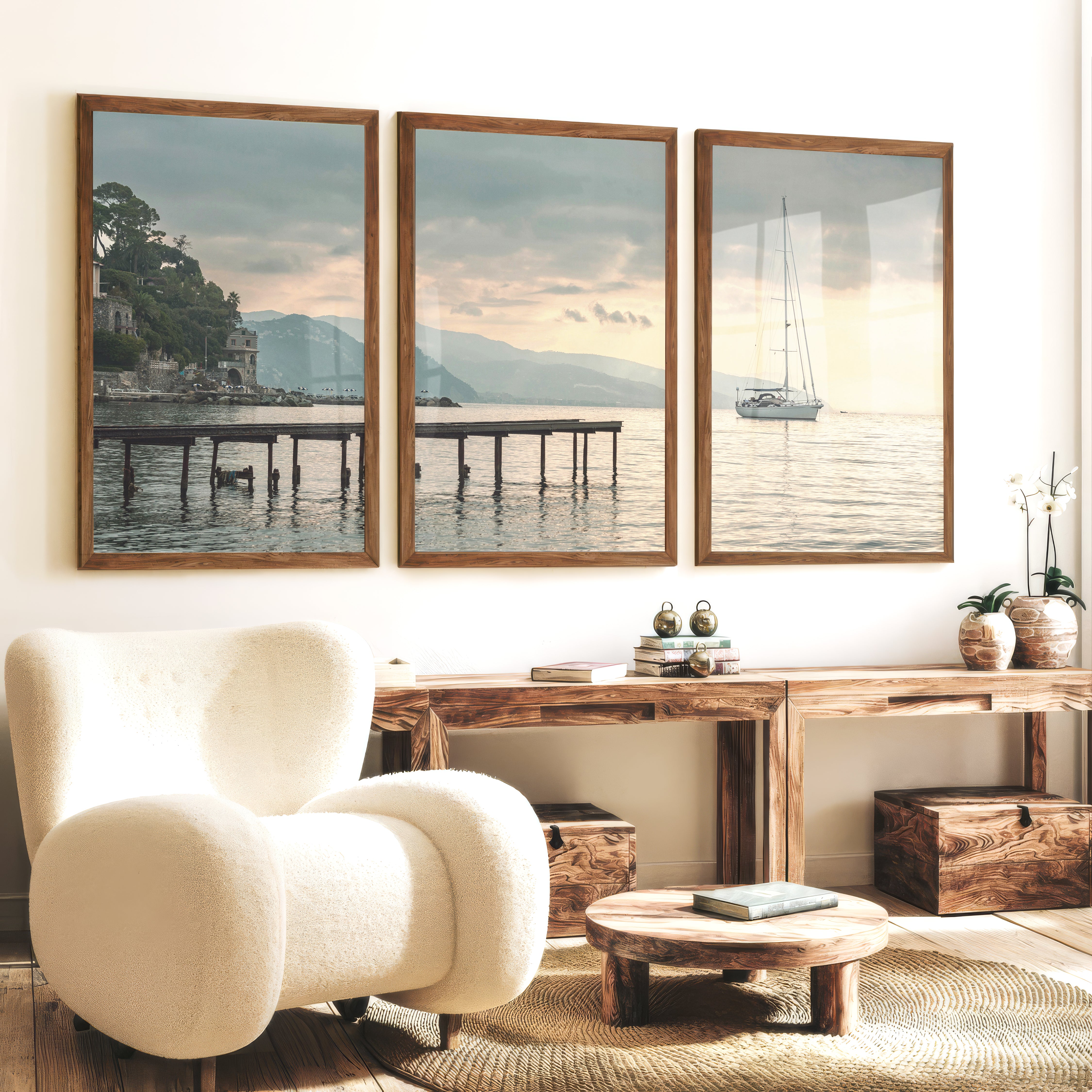 Harbor Sailboat Ocean Print Art - Dark Brown Framed Poster No Border - Artworksets