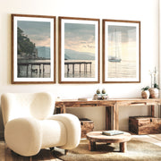 Harbor Sailboat Ocean Print Art - Dark Brown Framed Poster with White Border - Artworksets