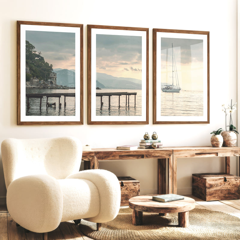 Harbor Sailboat Ocean Print Art - Dark Brown Framed Poster with White Border - Artworksets