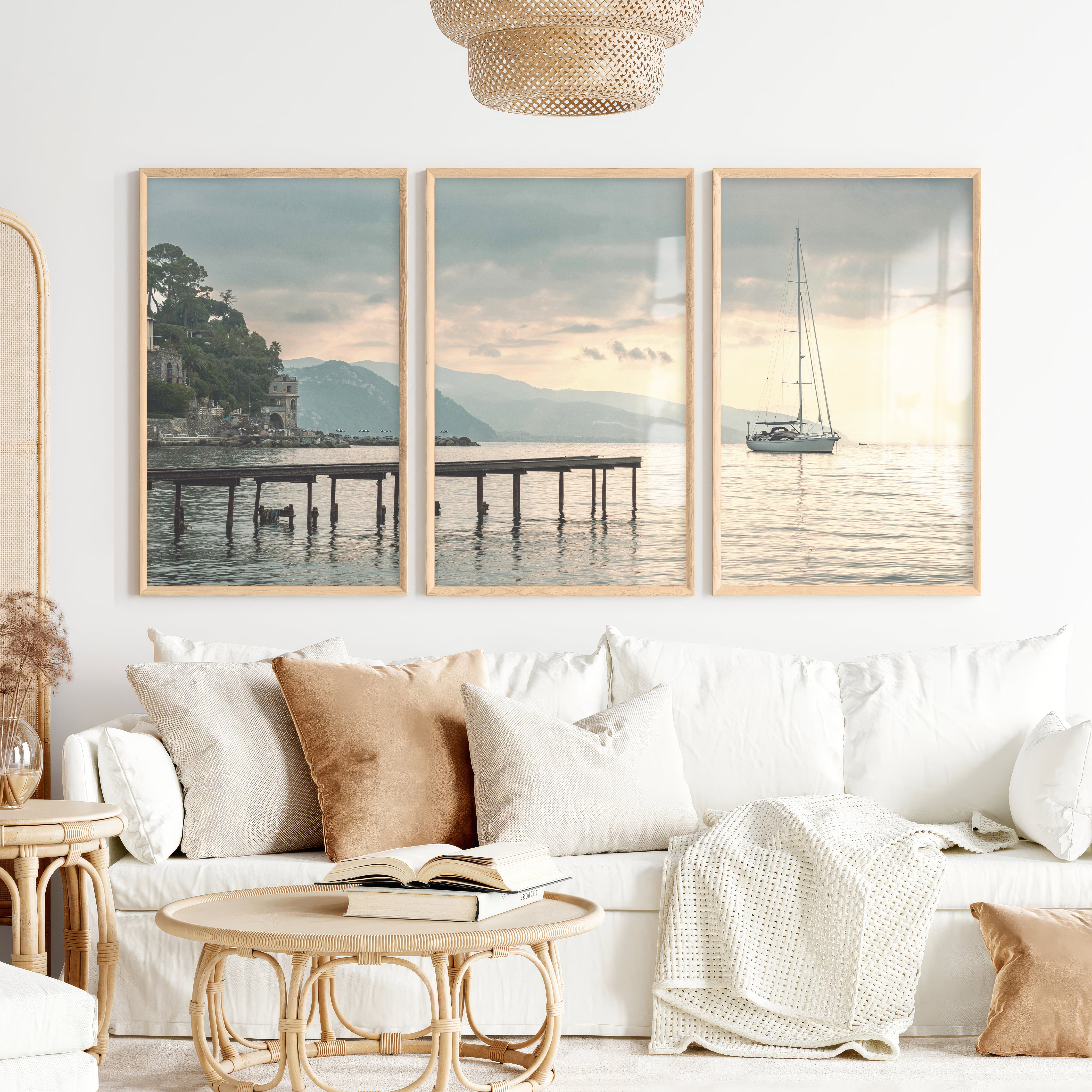 Harbor Sailboat Ocean Print Art - Natural Wood Framed Poster No Border - Artworksets