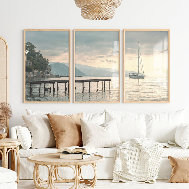 Harbor Sailboat Ocean Print Art - Natural Wood Framed Poster No Border - Artworksets