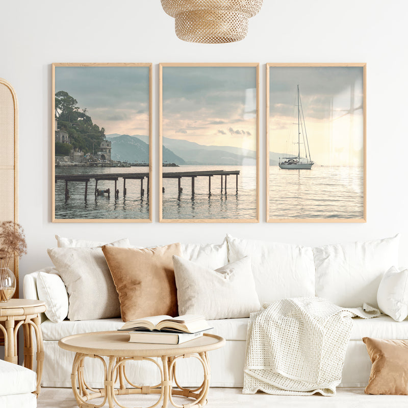 Harbor Sailboat Ocean Print Art - Natural Wood Framed Poster No Border - Artworksets