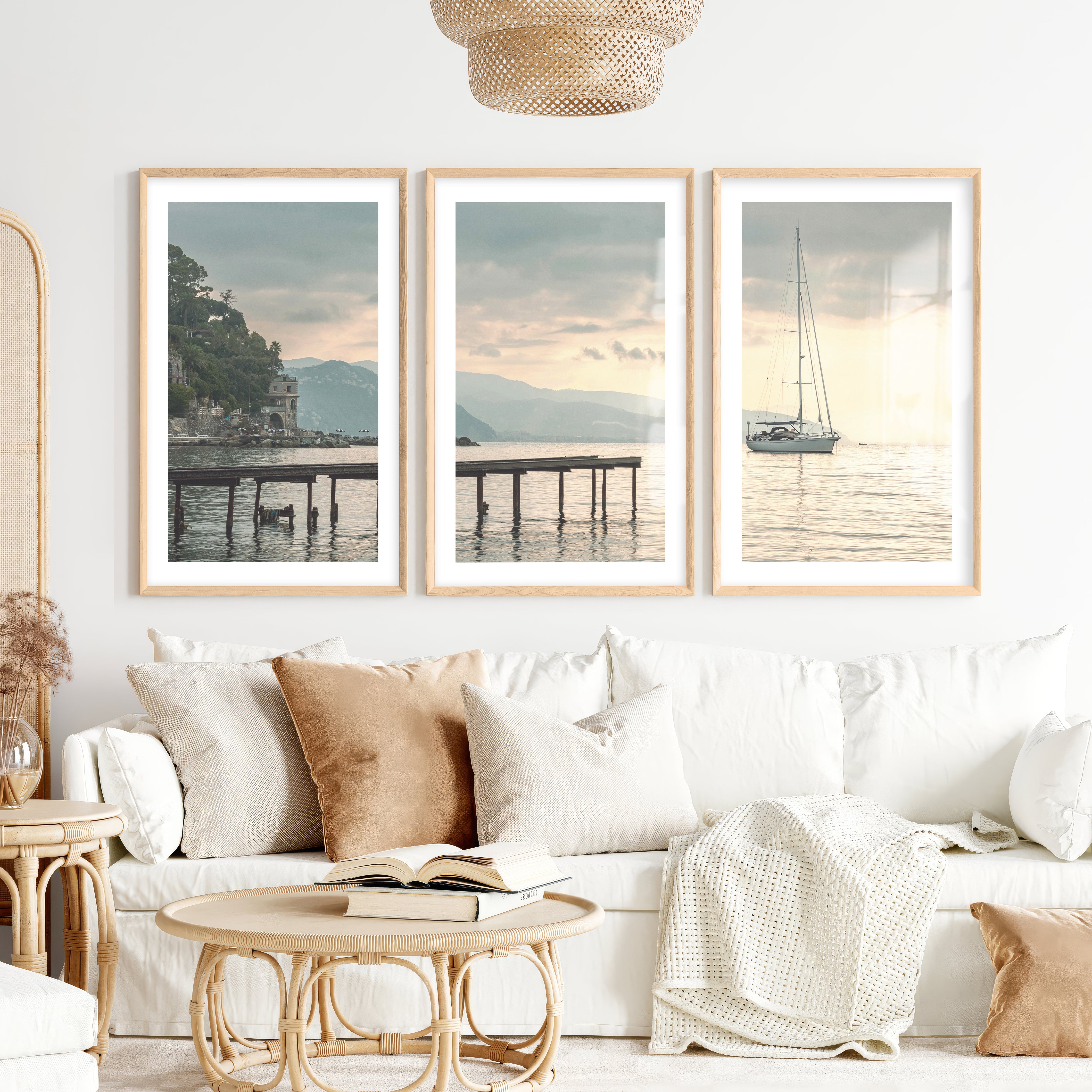 Harbor Sailboat Ocean Print Art- Natural Wood Framed Poster with White Border - Artworksets