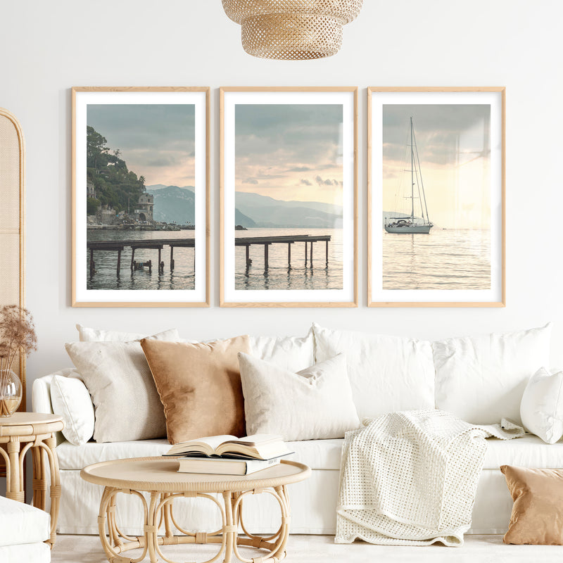 Harbor Sailboat Ocean Print Art- Natural Wood Framed Poster with White Border - Artworksets