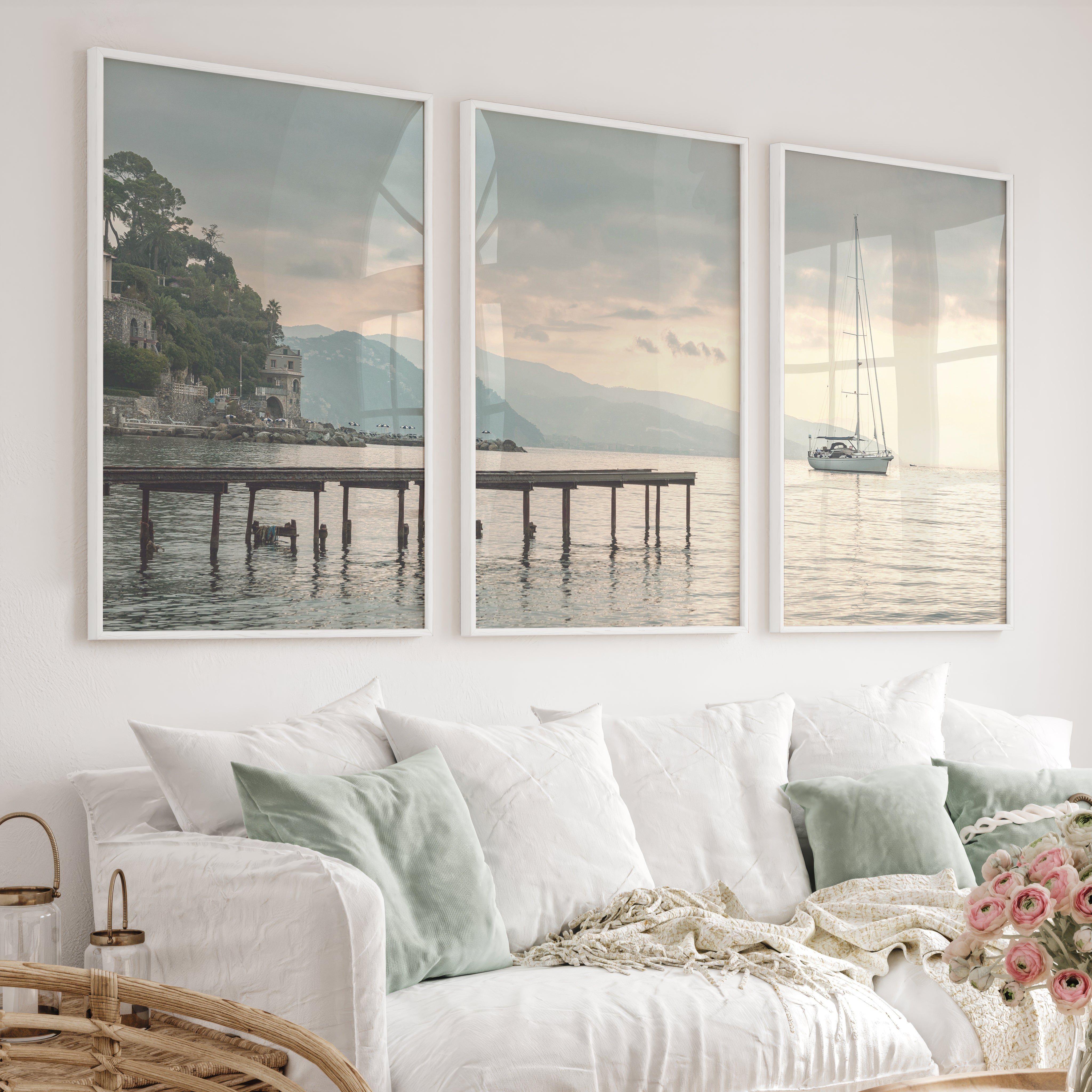 Harbor Sailboat Ocean Print Art - White Framed Poster No Border - Artworksets