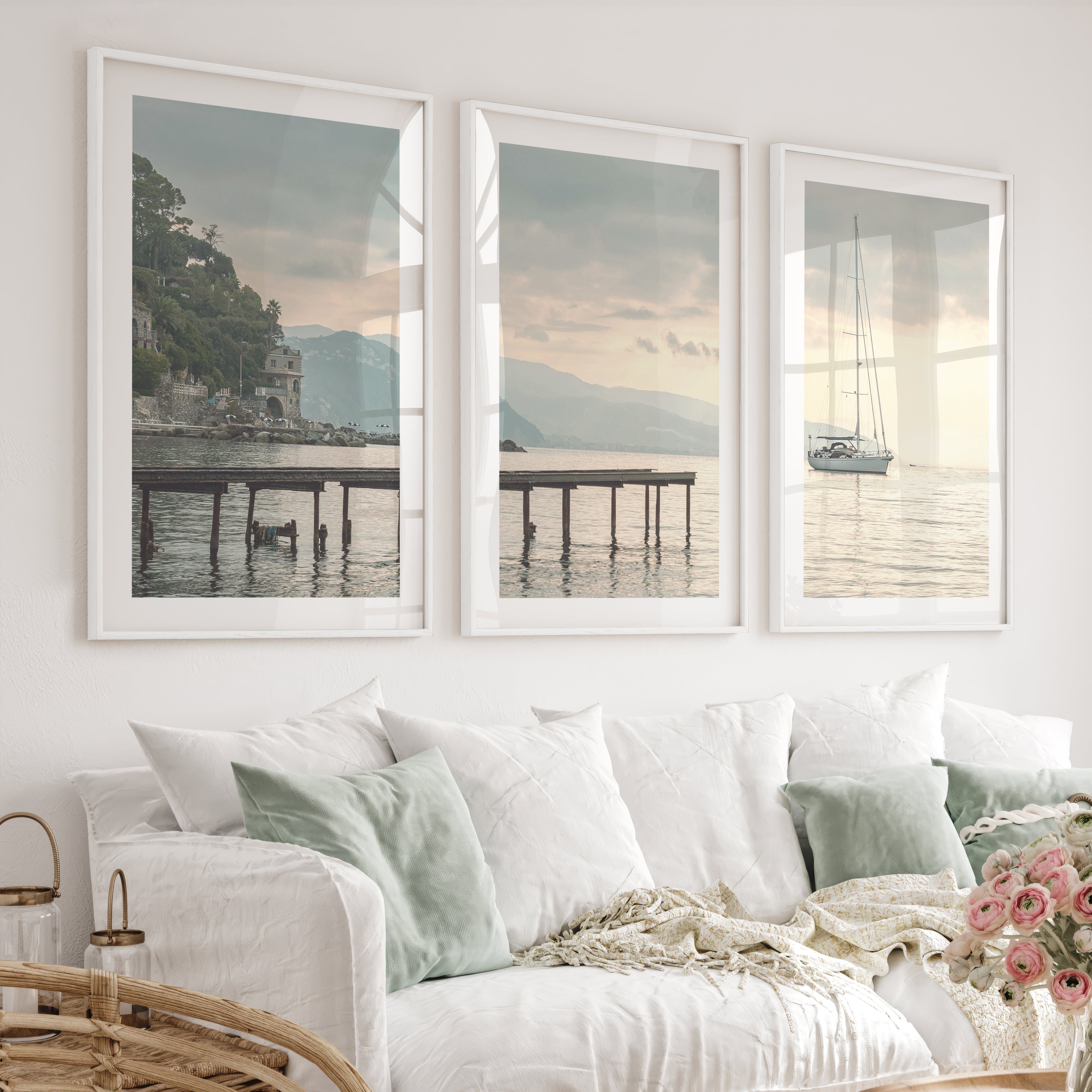 Harbor Sailboat Ocean Print Art - White Framed Poster with White Border - Artworksets