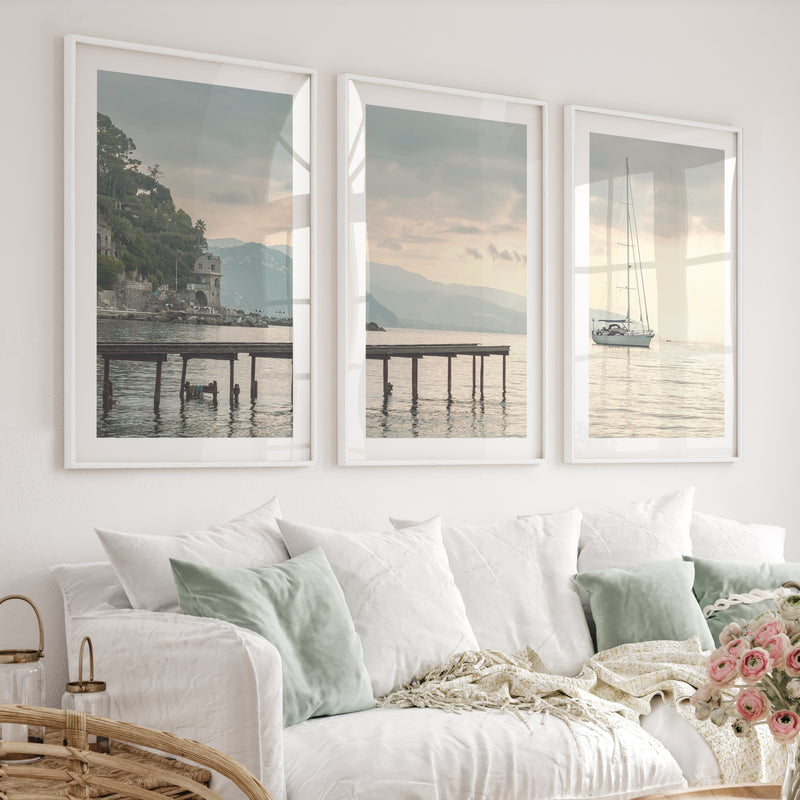 Harbor Sailboat Ocean Print Art - White Framed Poster with White Border - Artworksets