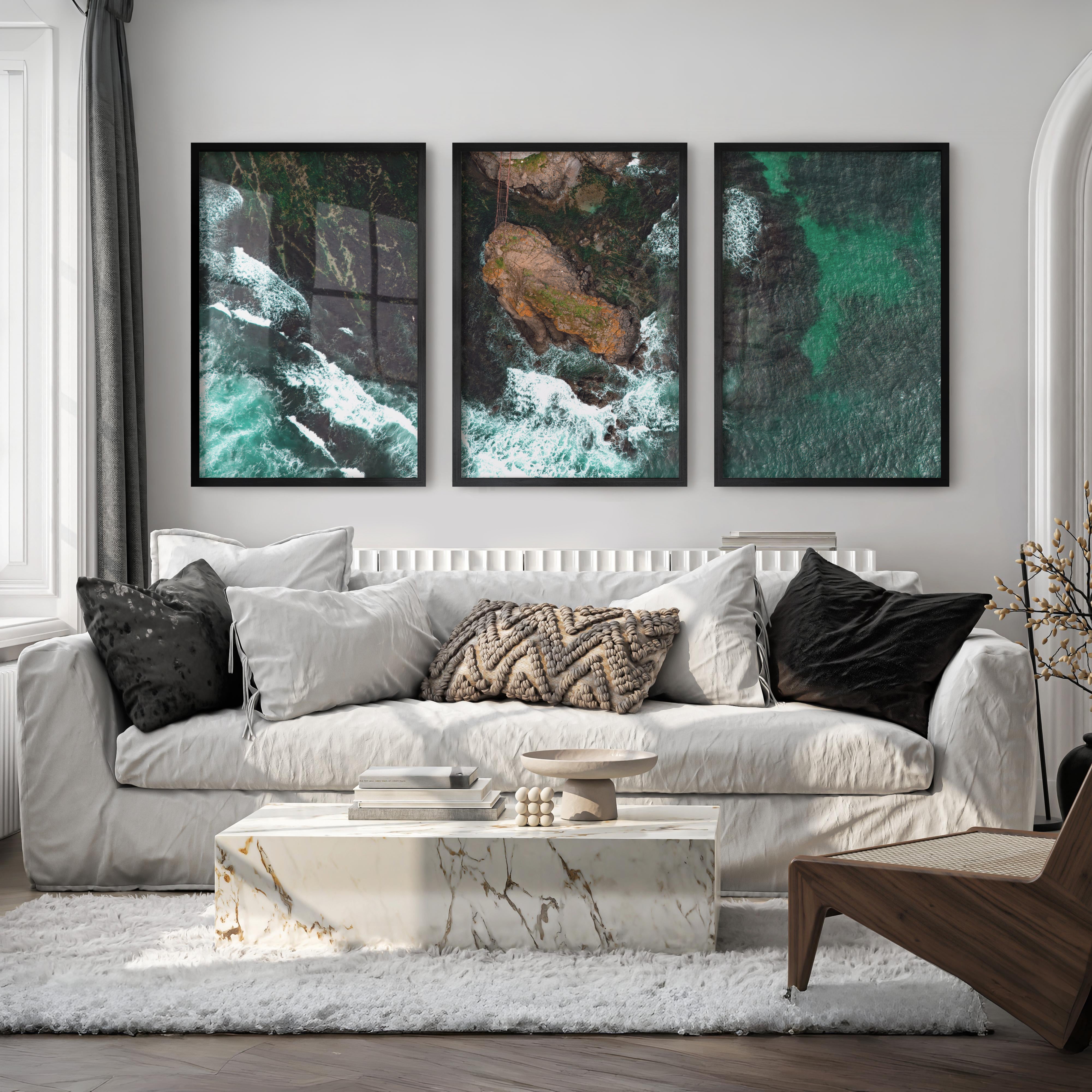 Aerial rocky cove ocean print with foaming surf - Black Framed Poster No Border - Artworksets
