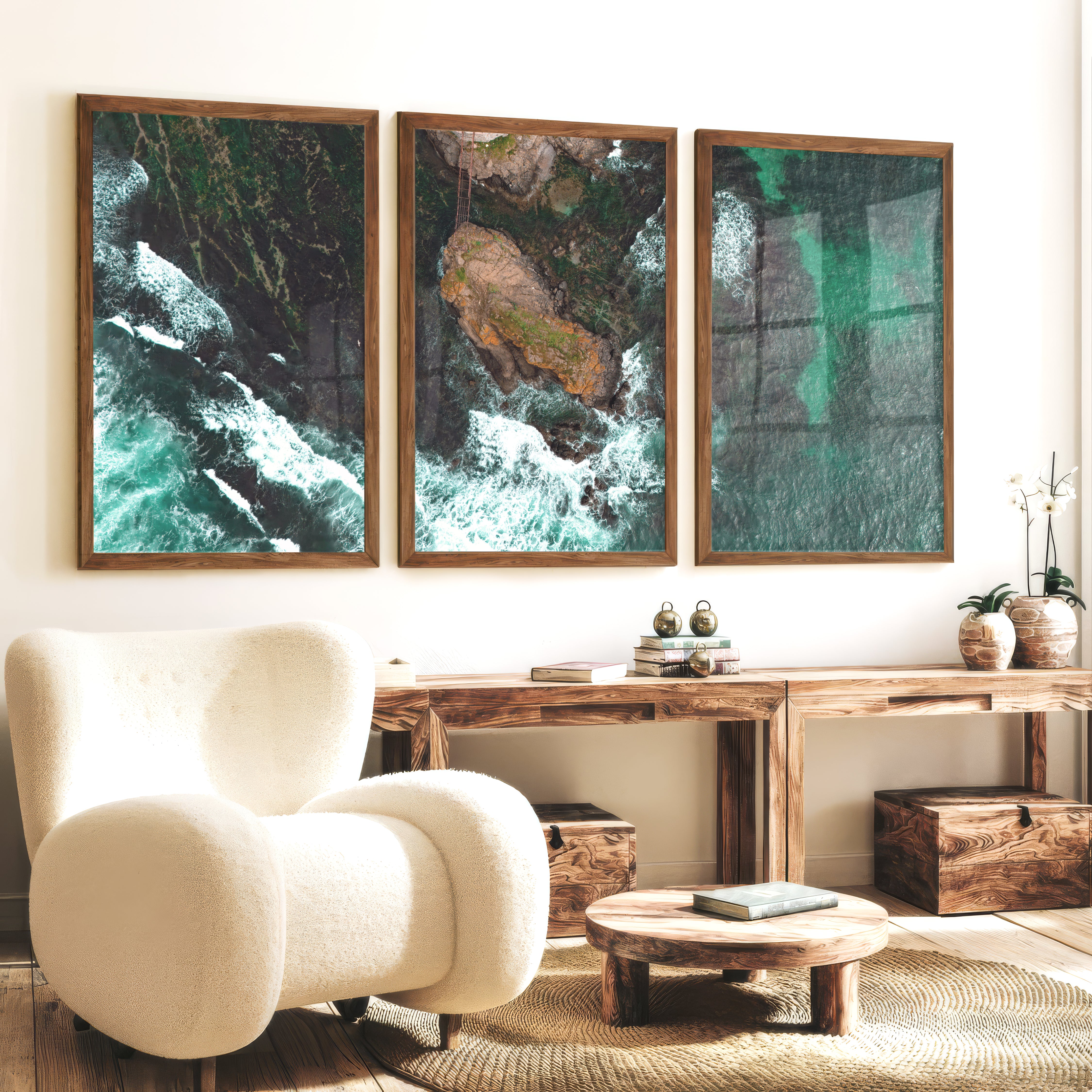 Aerial rocky cove ocean print with foaming surf - Dark Brown Framed Poster No Border - Artworksets