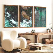 Aerial rocky cove ocean print with foaming surf - Dark Brown Framed Poster No Border - Artworksets