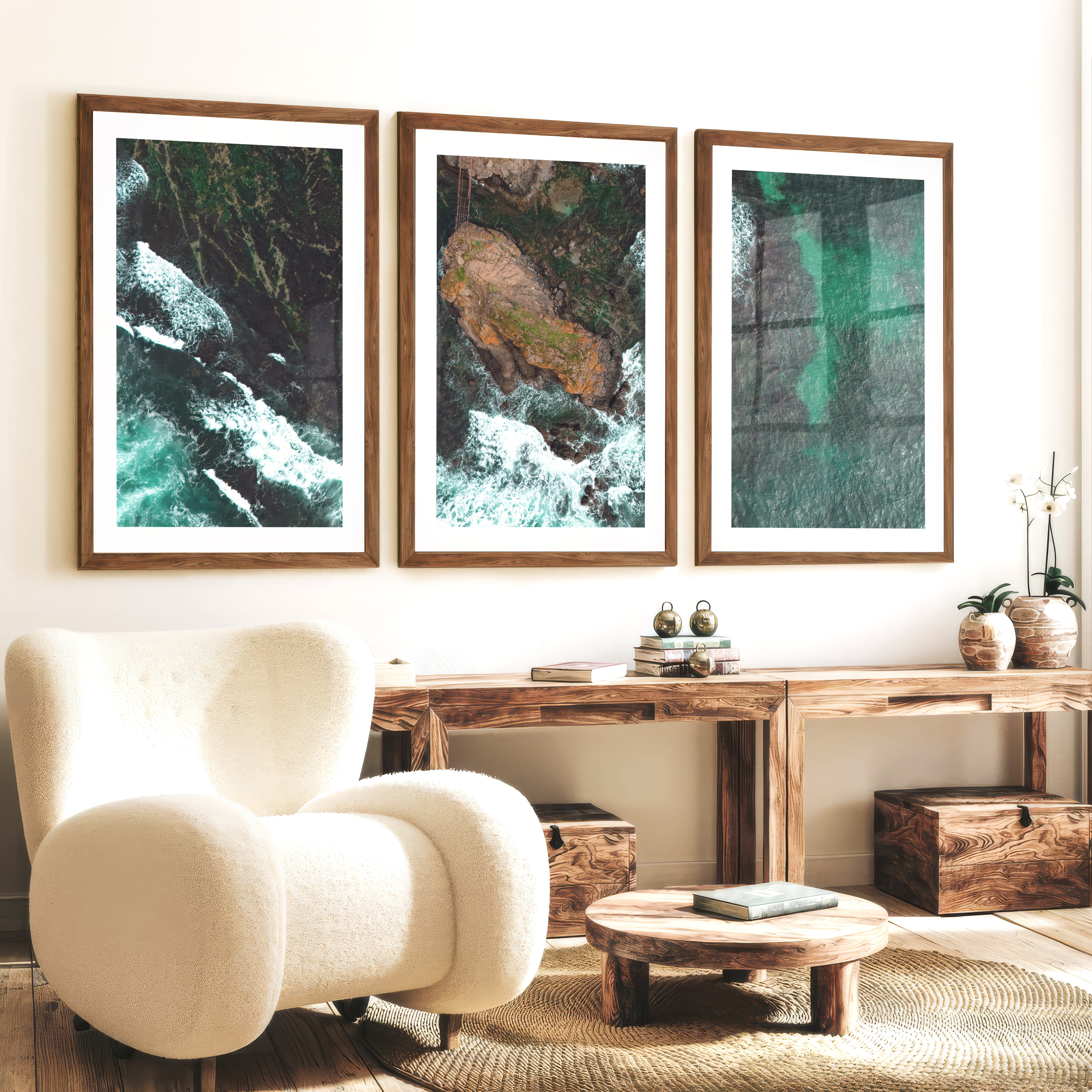 Aerial rocky cove ocean print with foaming surf - Dark Brown Framed Poster with White Border - Artworksets